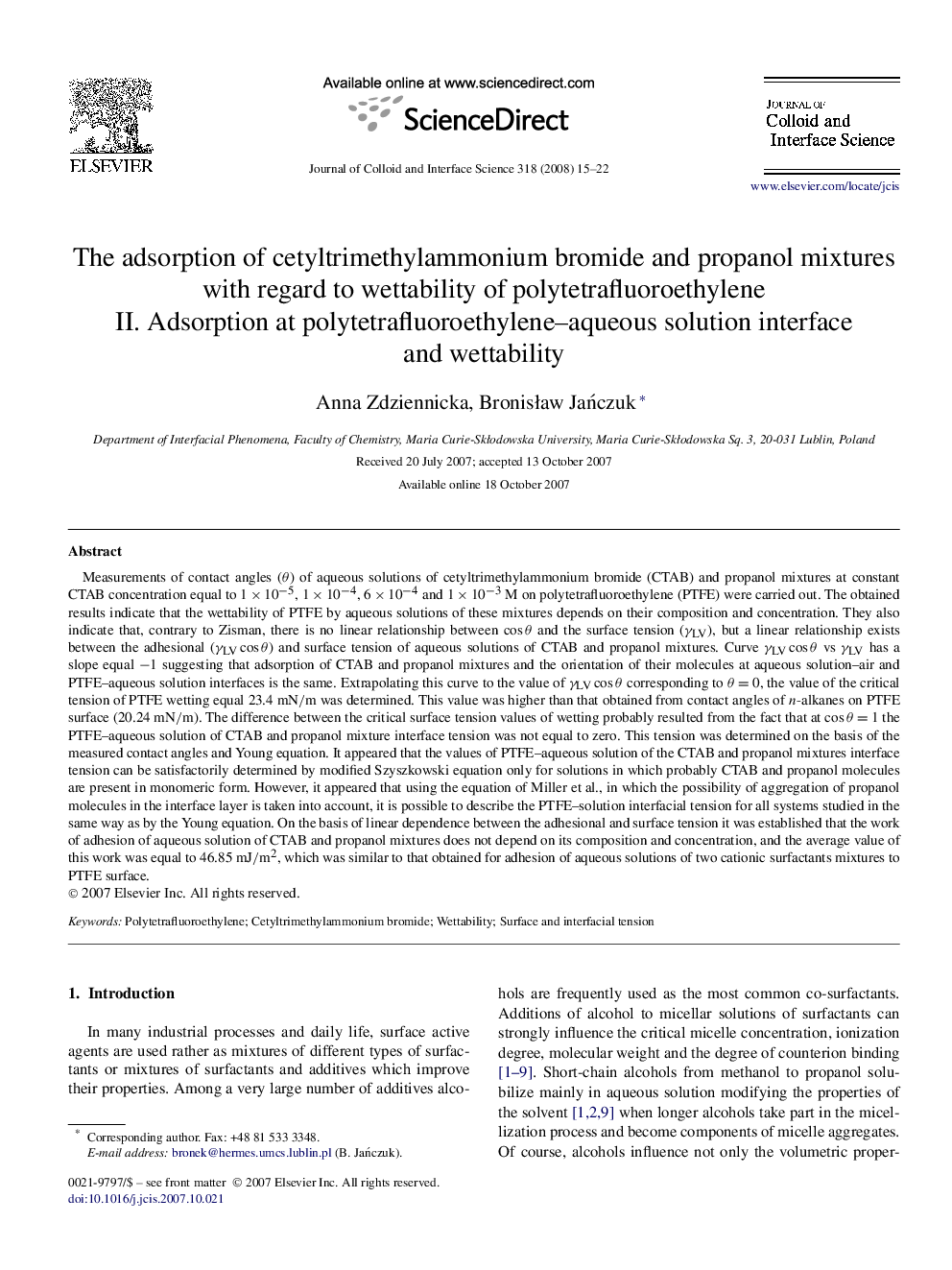 The adsorption of cetyltrimethylammonium bromide and propanol mixtures with regard to wettability of polytetrafluoroethylene: II. Adsorption at polytetrafluoroethylene–aqueous solution interface and wettability