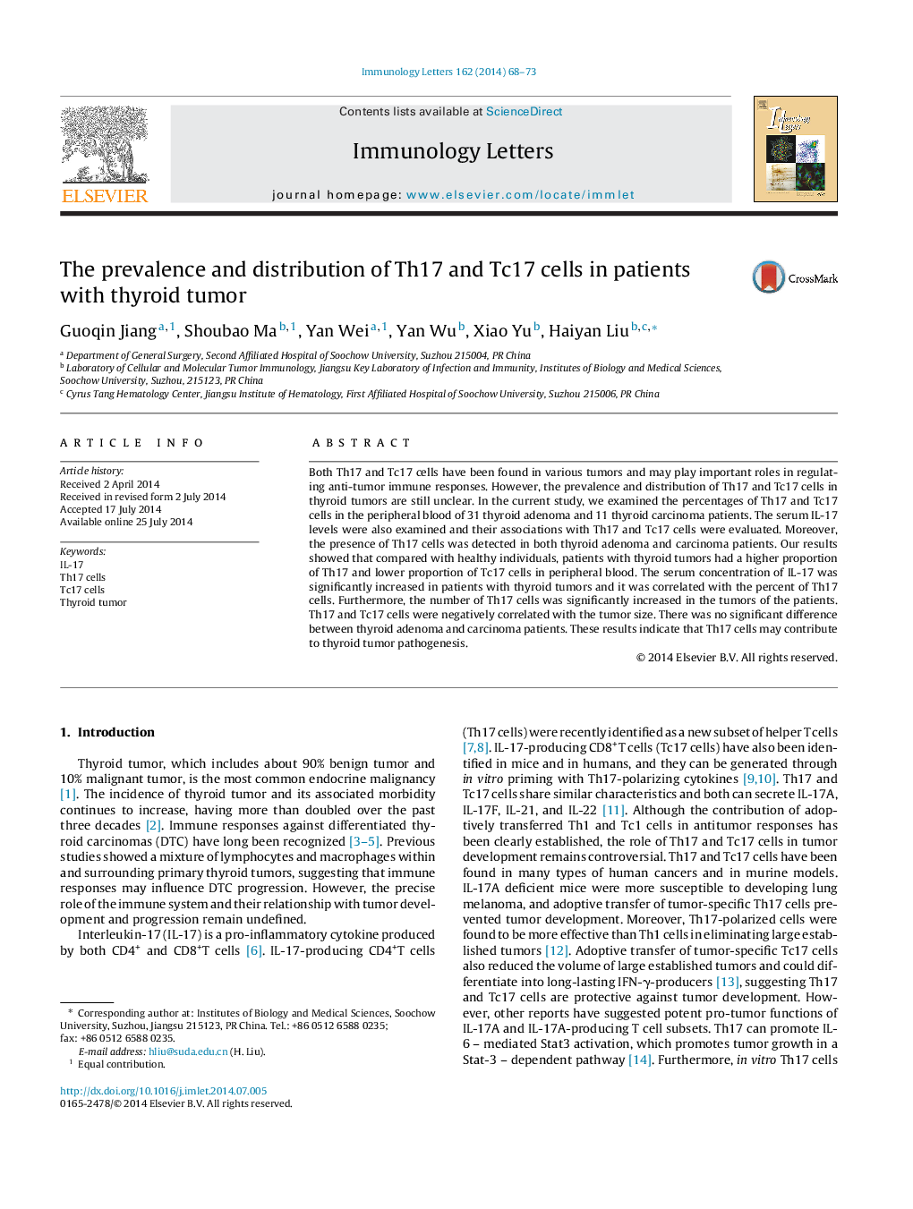 The prevalence and distribution of Th17 and Tc17 cells in patients with thyroid tumor