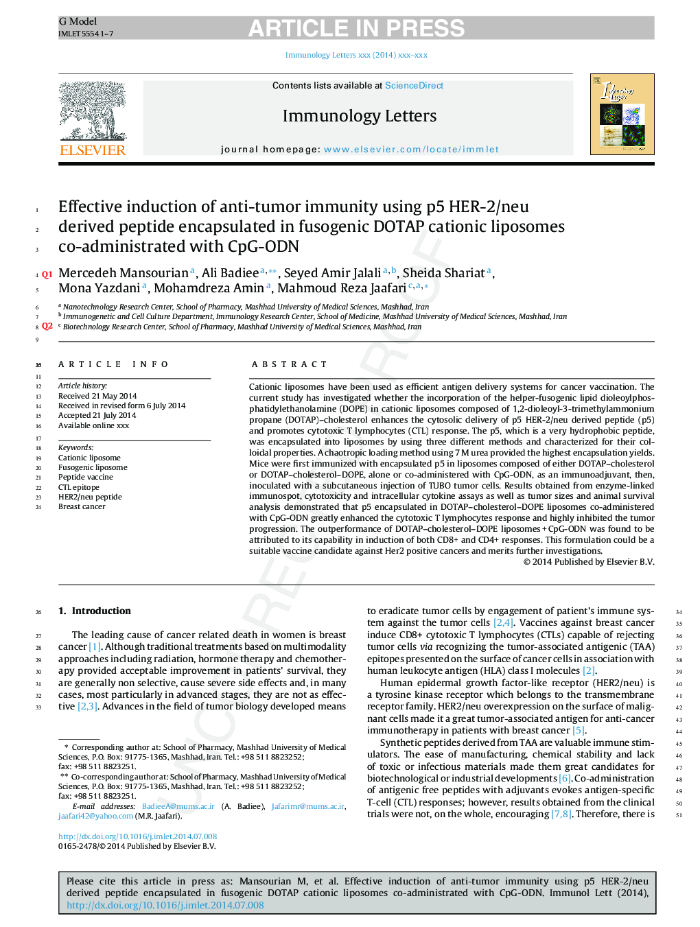 Effective induction of anti-tumor immunity using p5 HER-2/neu derived peptide encapsulated in fusogenic DOTAP cationic liposomes co-administrated with CpG-ODN