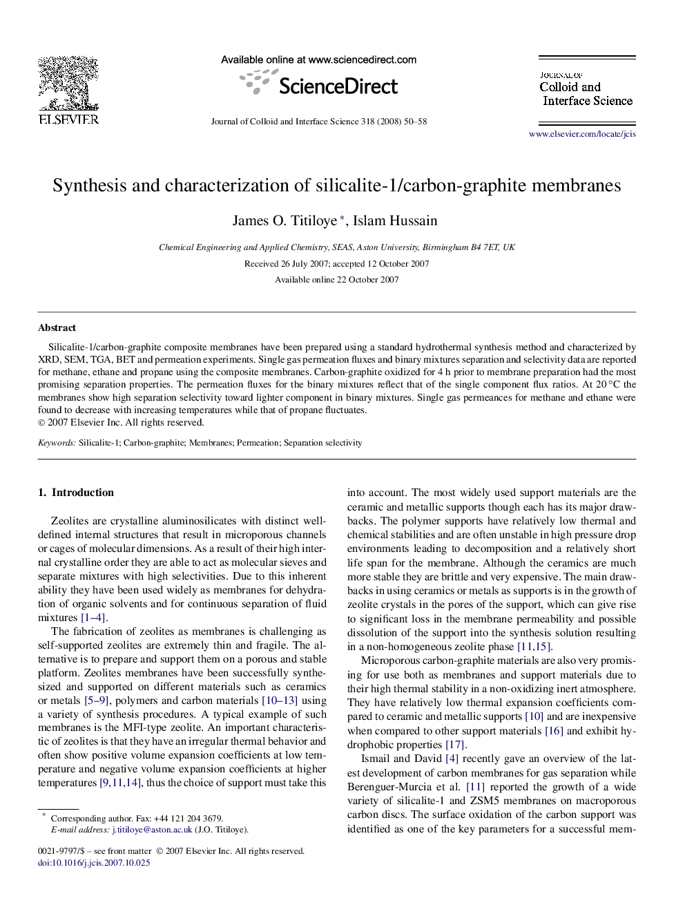 Synthesis and characterization of silicalite-1/carbon-graphite membranes