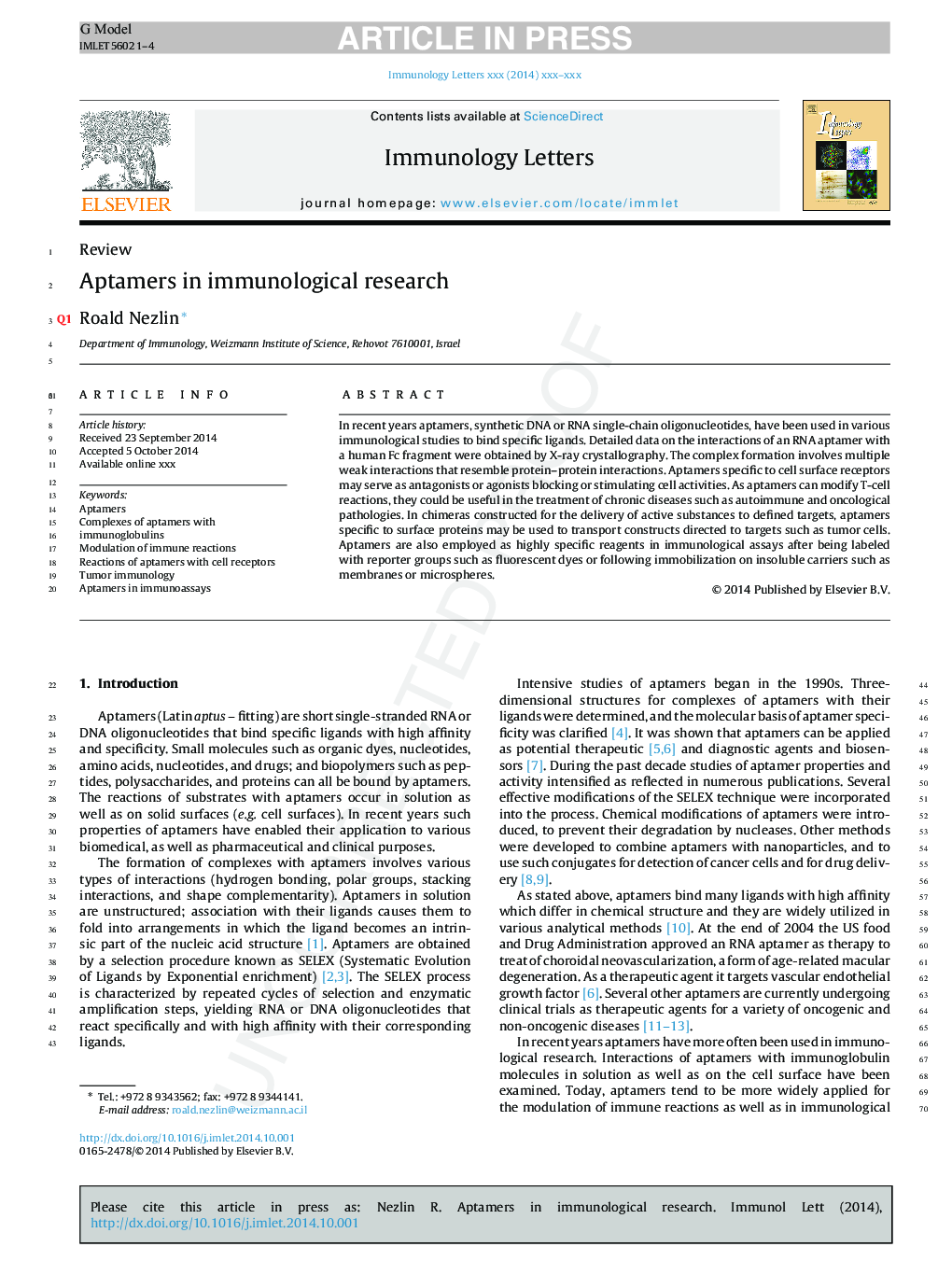 Aptamers in immunological research