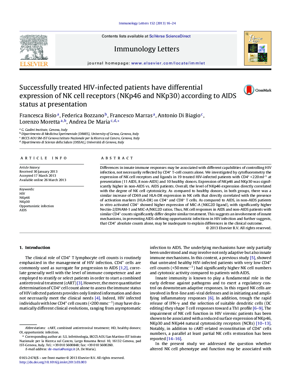 Successfully treated HIV-infected patients have differential expression of NK cell receptors (NKp46 and NKp30) according to AIDS status at presentation