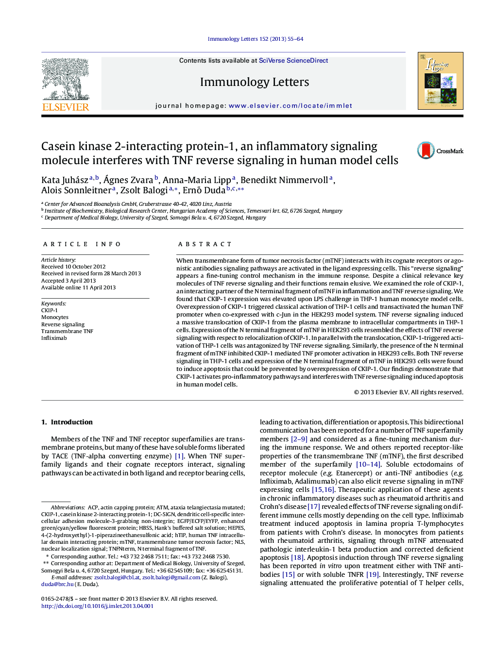 Casein kinase 2-interacting protein-1, an inflammatory signaling molecule interferes with TNF reverse signaling in human model cells