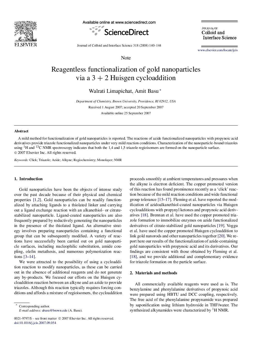 Reagentless functionalization of gold nanoparticles via a 3 + 2 Huisgen cycloaddition