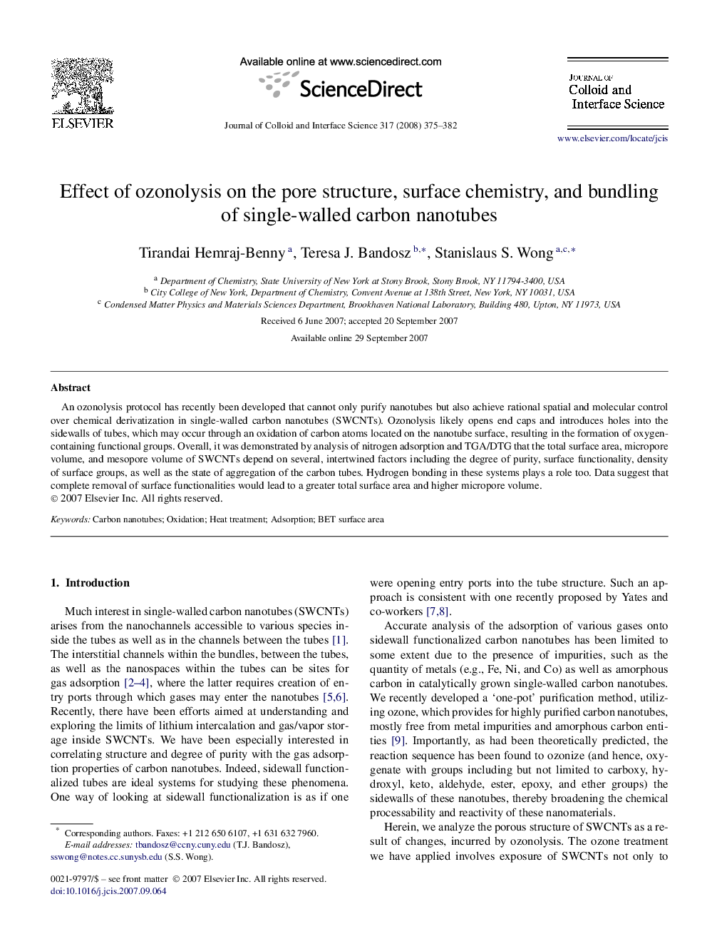 Effect of ozonolysis on the pore structure, surface chemistry, and bundling of single-walled carbon nanotubes