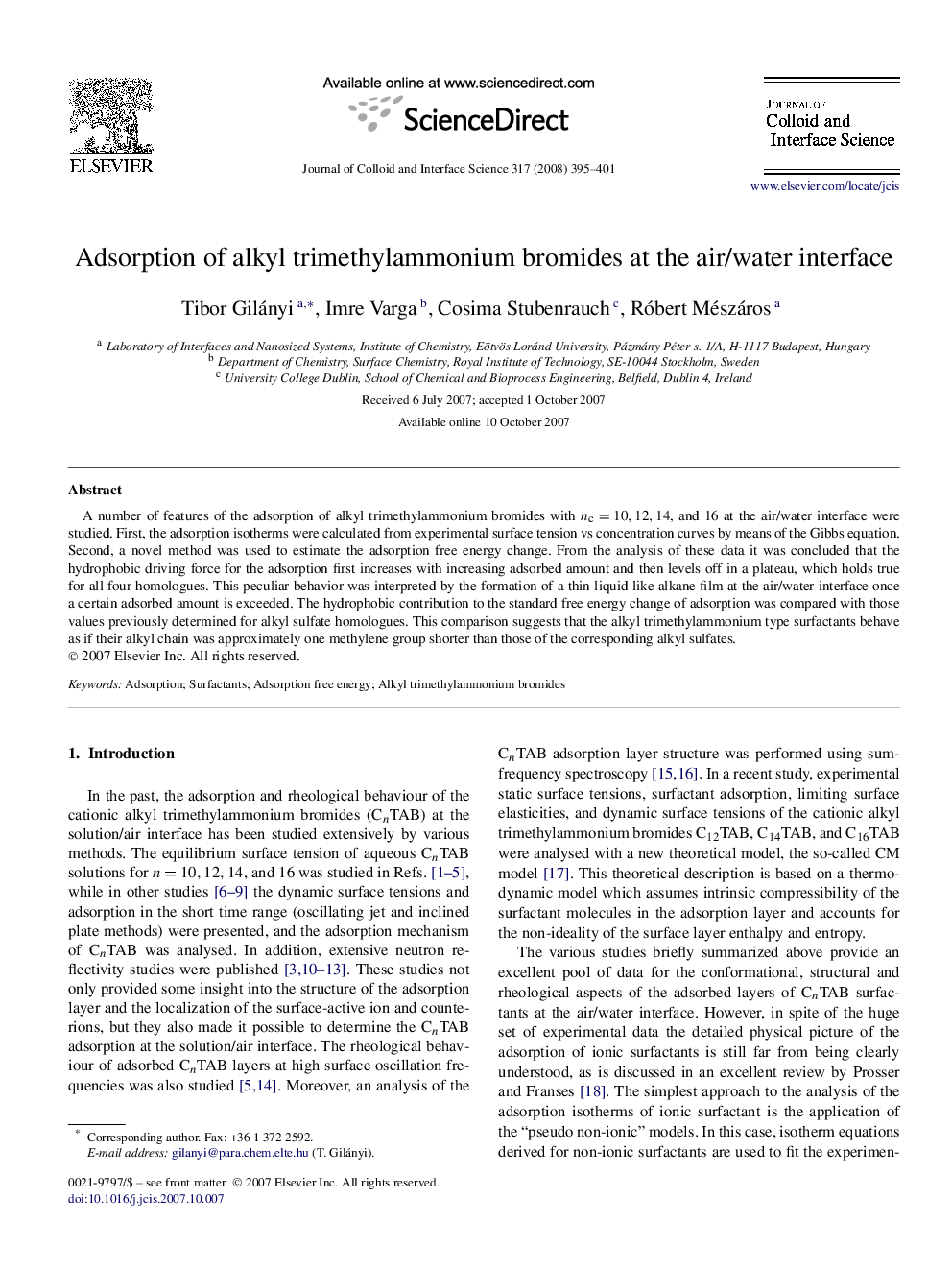 Adsorption of alkyl trimethylammonium bromides at the air/water interface