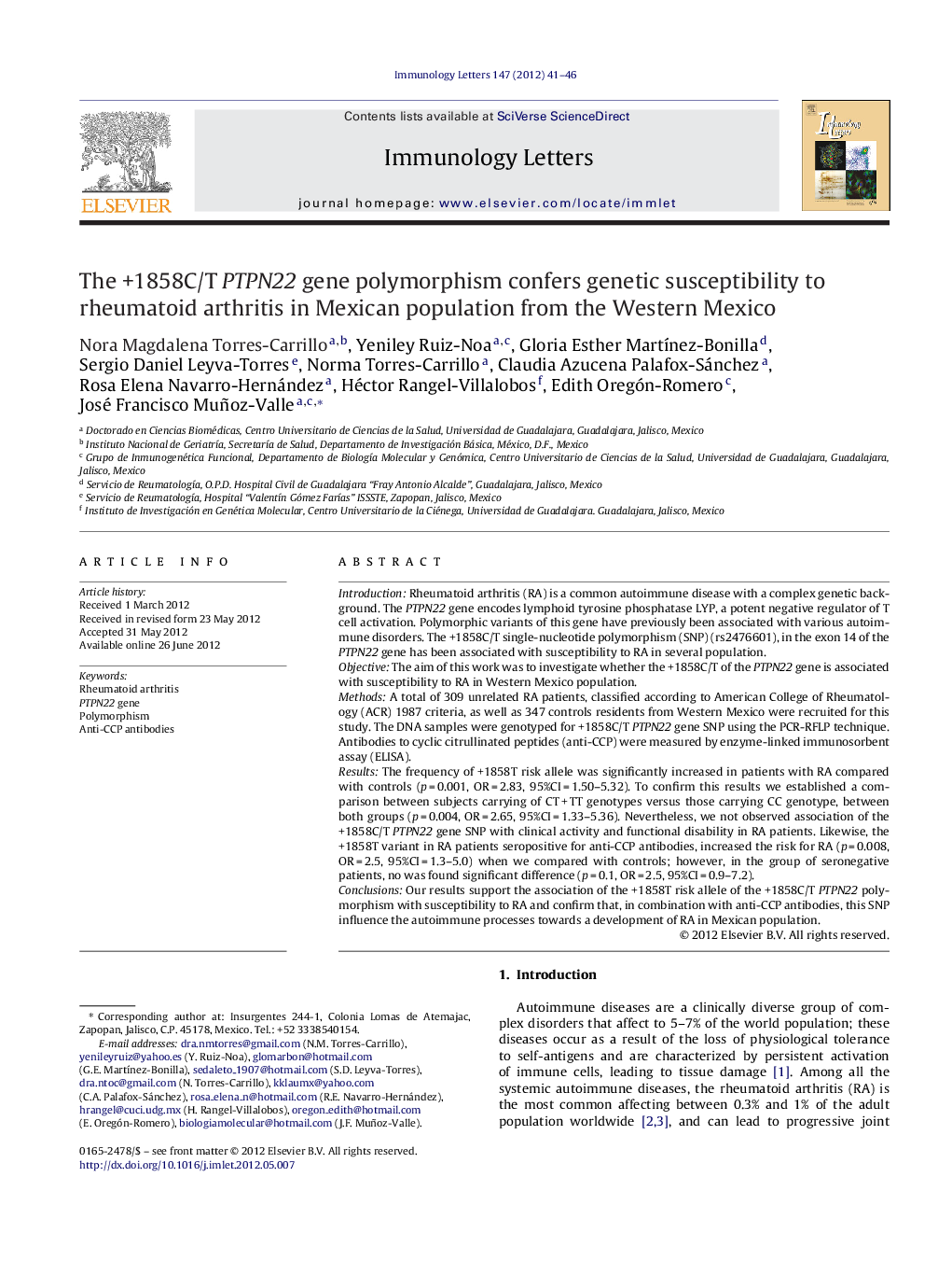 The +1858C/T PTPN22 gene polymorphism confers genetic susceptibility to rheumatoid arthritis in Mexican population from the Western Mexico