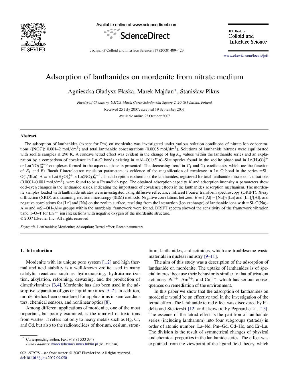 Adsorption of lanthanides on mordenite from nitrate medium