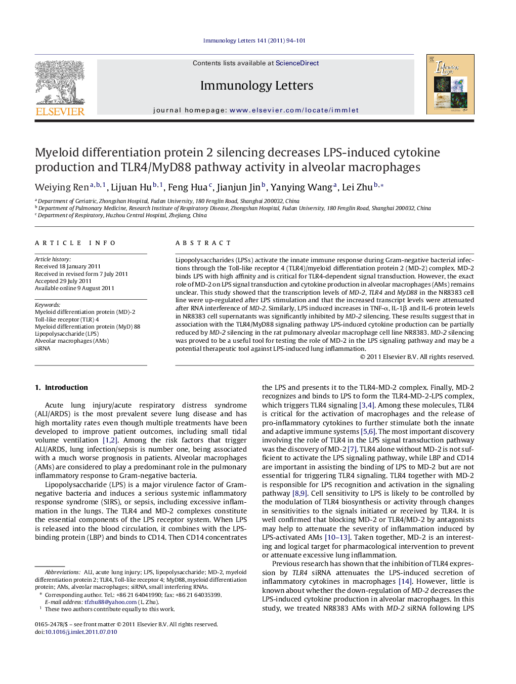 Myeloid differentiation protein 2 silencing decreases LPS-induced cytokine production and TLR4/MyD88 pathway activity in alveolar macrophages