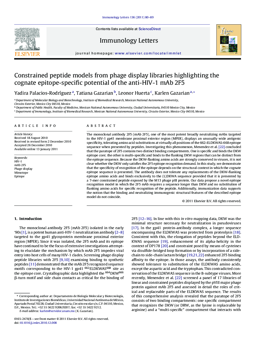 Constrained peptide models from phage display libraries highlighting the cognate epitope-specific potential of the anti-HIV-1 mAb 2F5