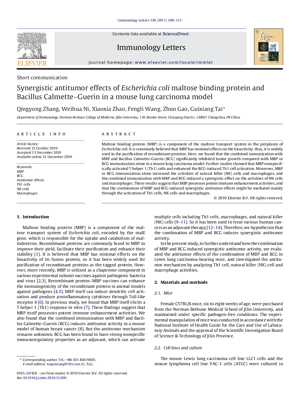 Synergistic antitumor effects of Escherichia coli maltose binding protein and Bacillus Calmette-Guerin in a mouse lung carcinoma model