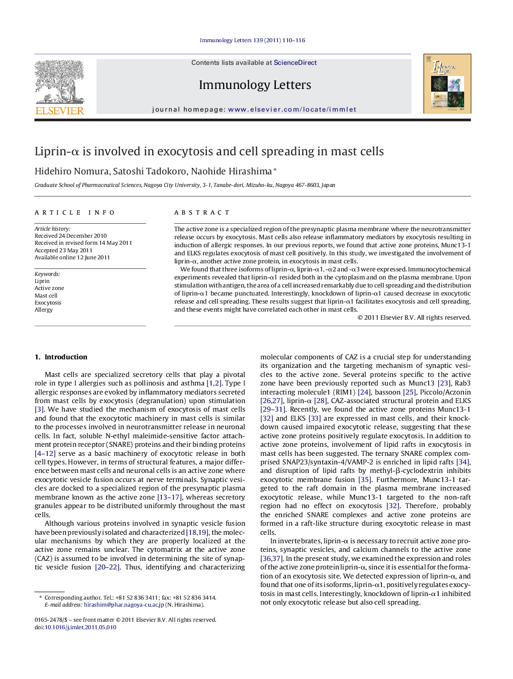 Liprin-Î± is involved in exocytosis and cell spreading in mast cells