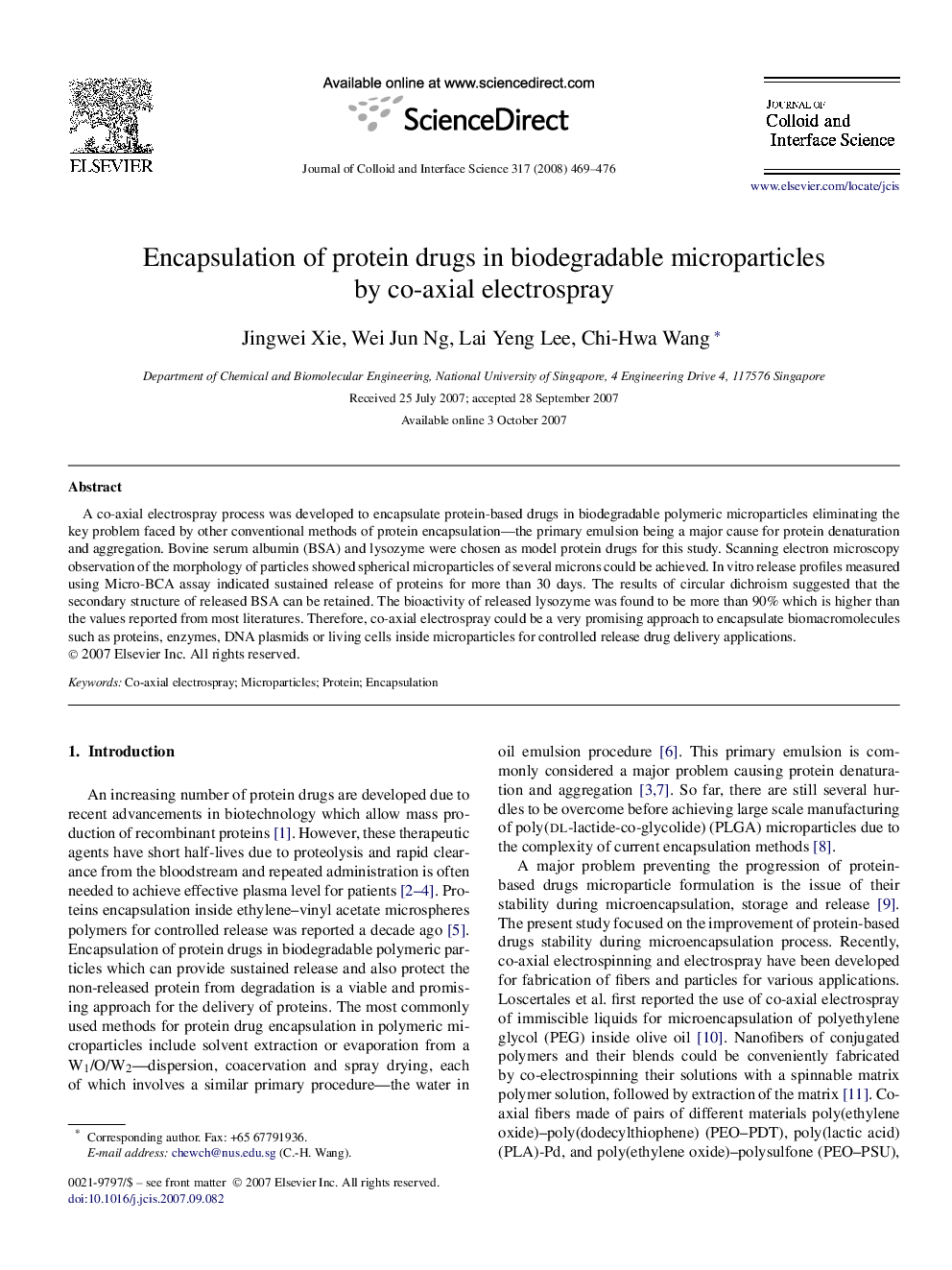 Encapsulation of protein drugs in biodegradable microparticles by co-axial electrospray