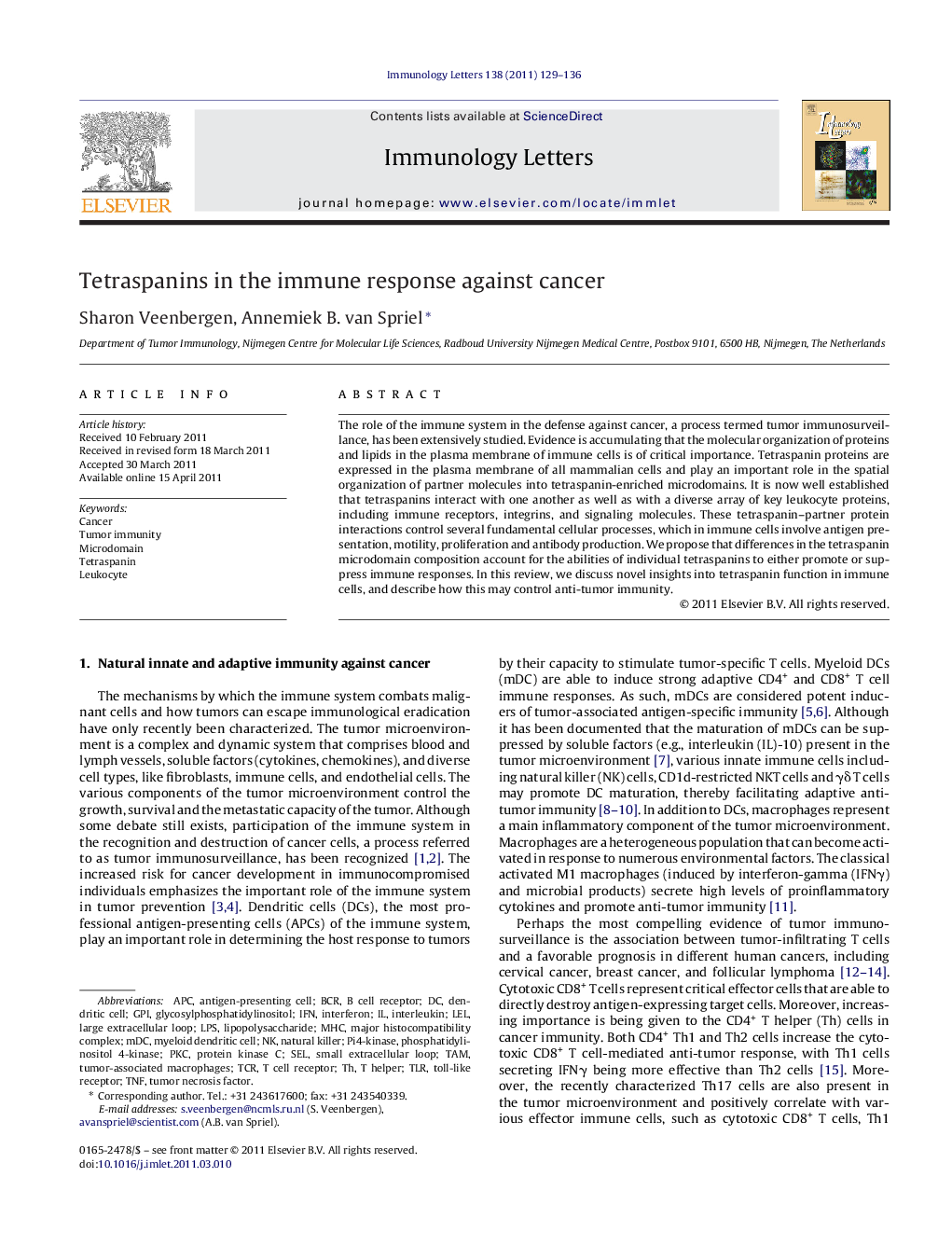 Tetraspanins in the immune response against cancer