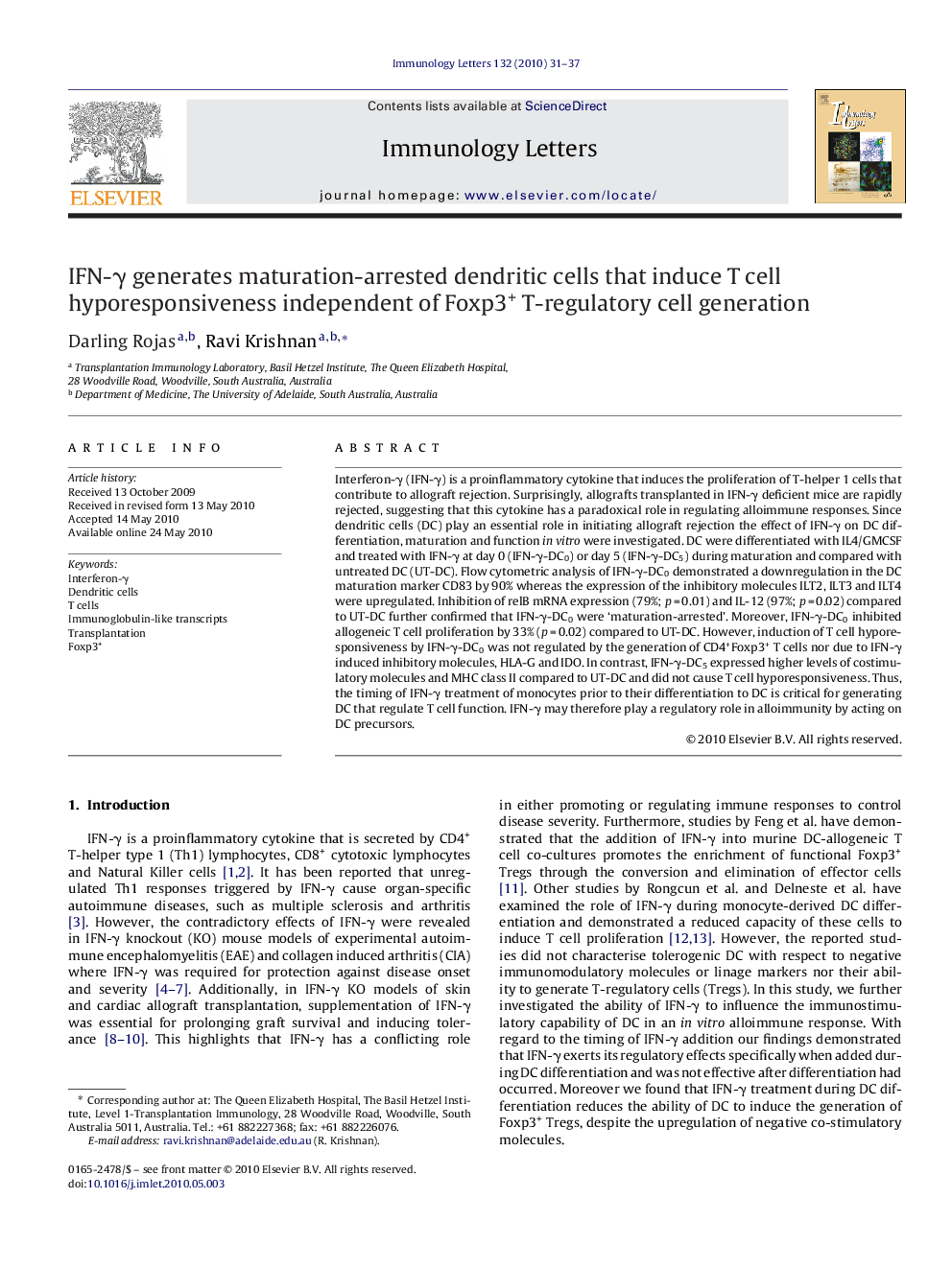 عکس صفحه اول مقاله: IFN-γ generates maturation-arrested dendritic cells that induce T cell hyporesponsiveness independent of Foxp3+ T-regulatory cell generation IFN-γ generates maturation-arrested dendritic cells that induce T cell hyporesponsiveness independent of Foxp3+ T-regulatory cell generation