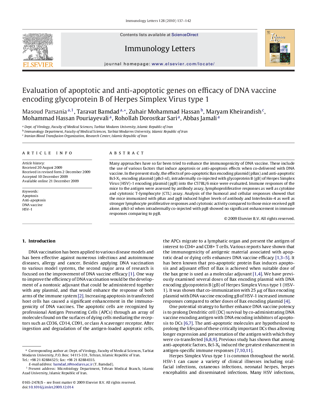 Evaluation of apoptotic and anti-apoptotic genes on efficacy of DNA vaccine encoding glycoprotein B of Herpes Simplex Virus type 1