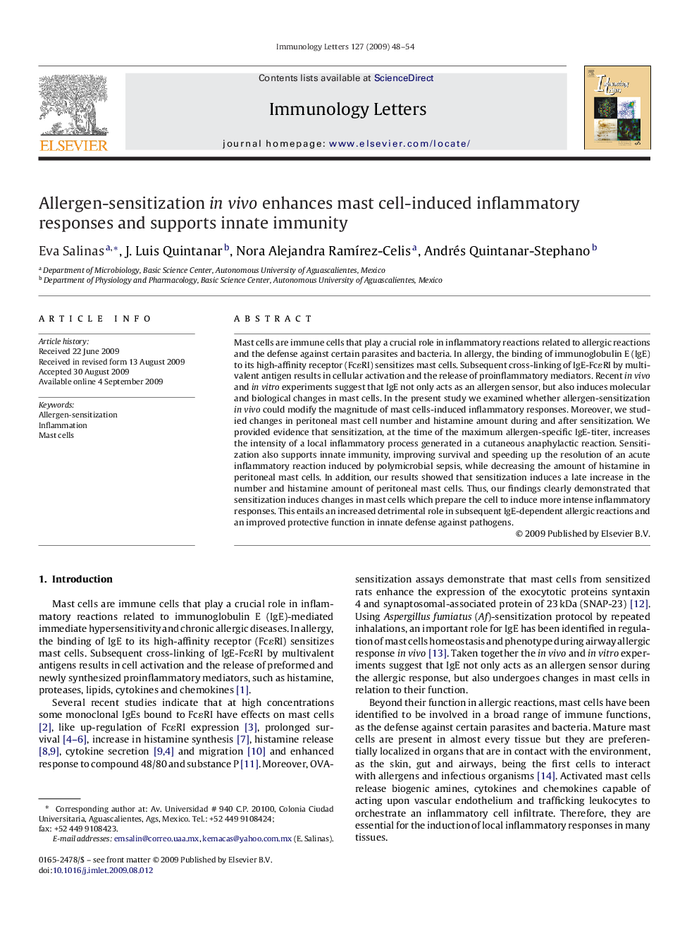 Allergen-sensitization in vivo enhances mast cell-induced inflammatory responses and supports innate immunity