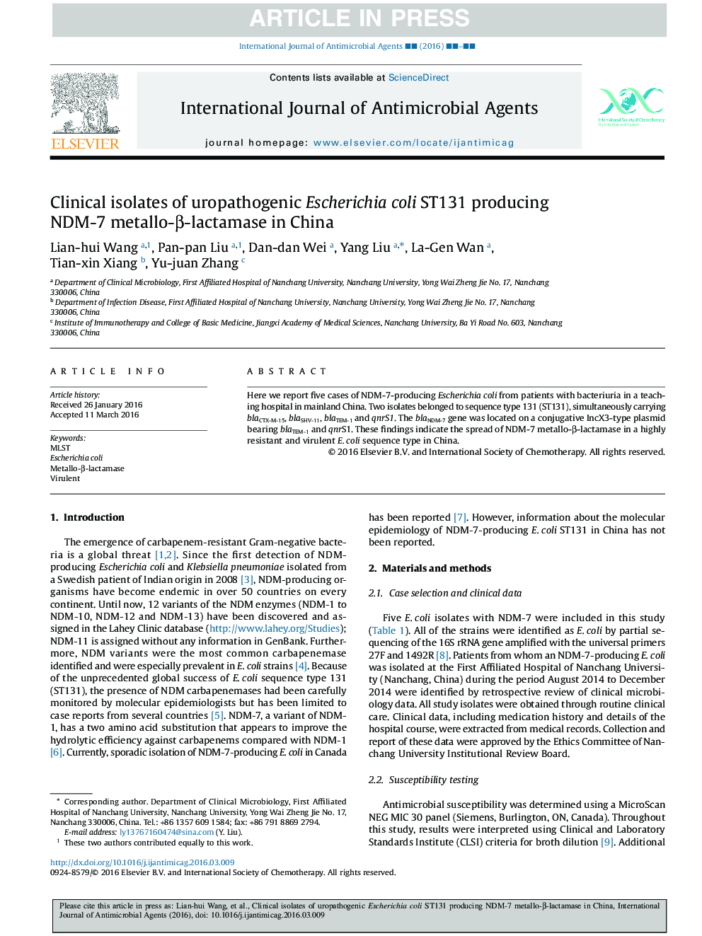 Clinical isolates of uropathogenic Escherichia coli ST131 producing NDM-7 metallo-Î²-lactamase in China