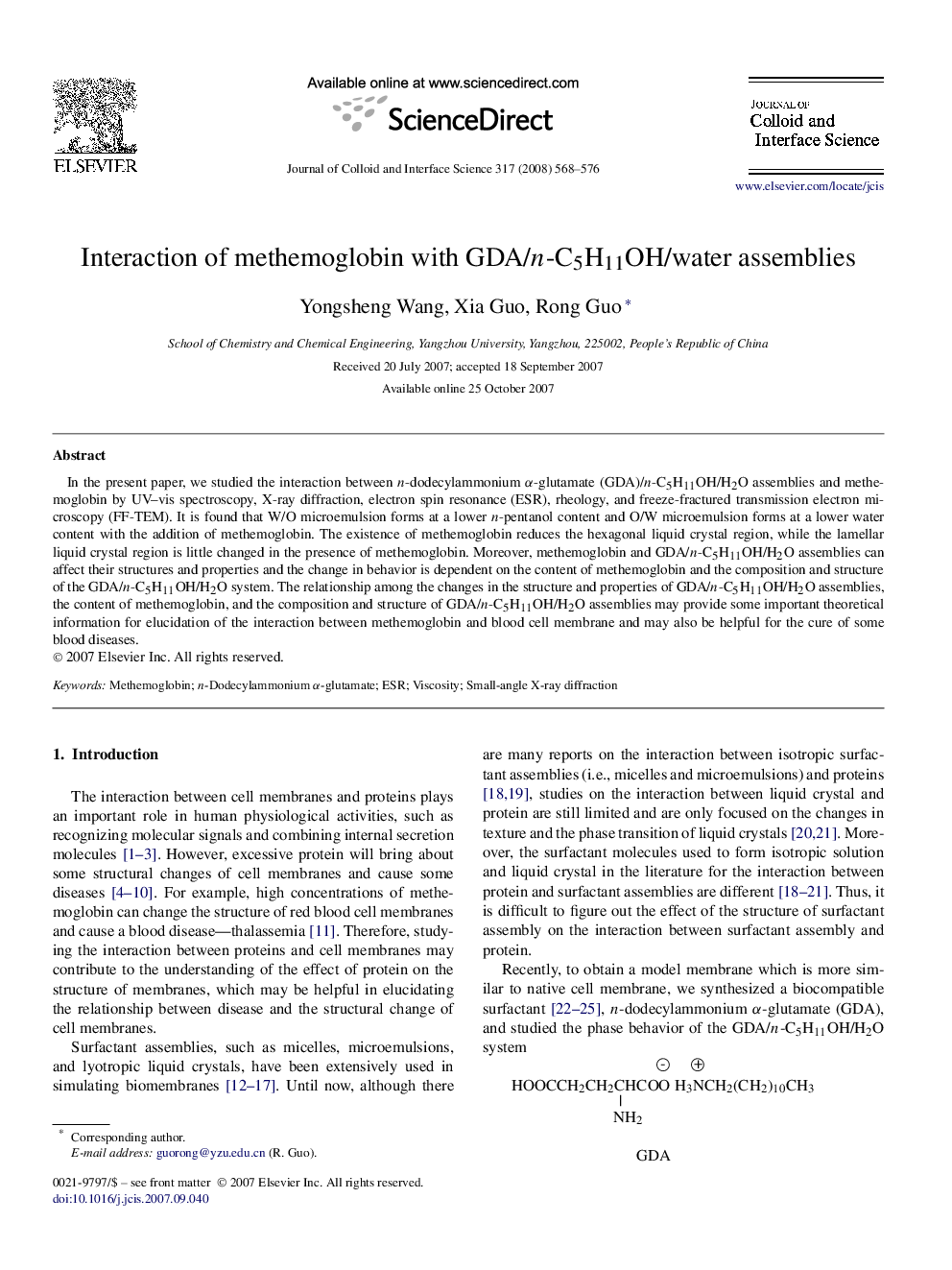 Interaction of methemoglobin with GDA/n-C5H11OH/water assemblies