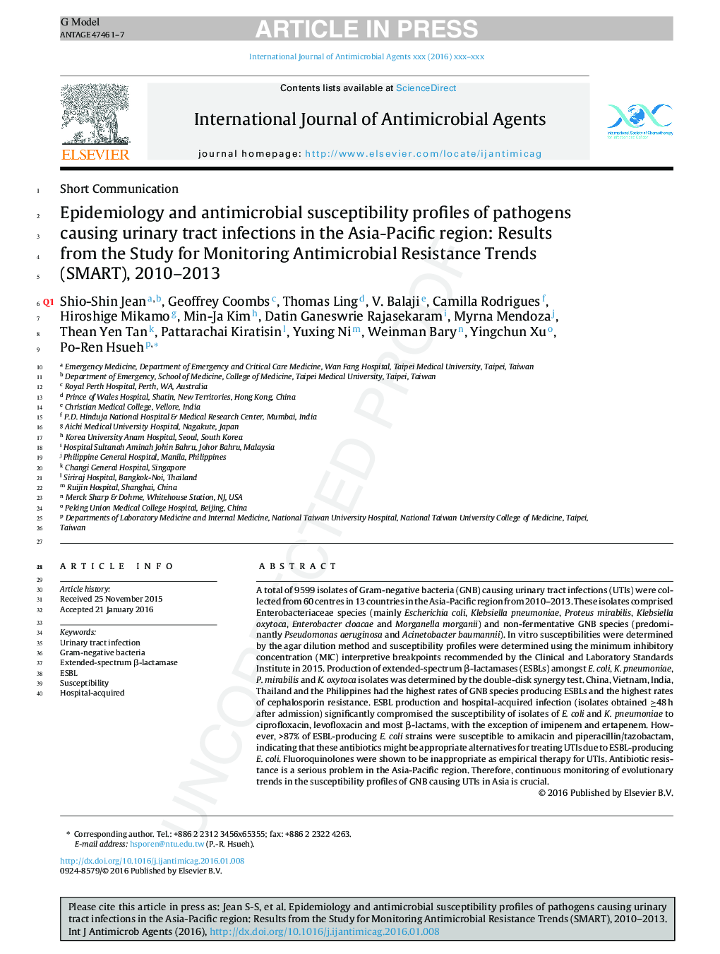 Epidemiology and antimicrobial susceptibility profiles of pathogens causing urinary tract infections in the Asia-Pacific region: Results from the Study for Monitoring Antimicrobial Resistance Trends (SMART), 2010-2013