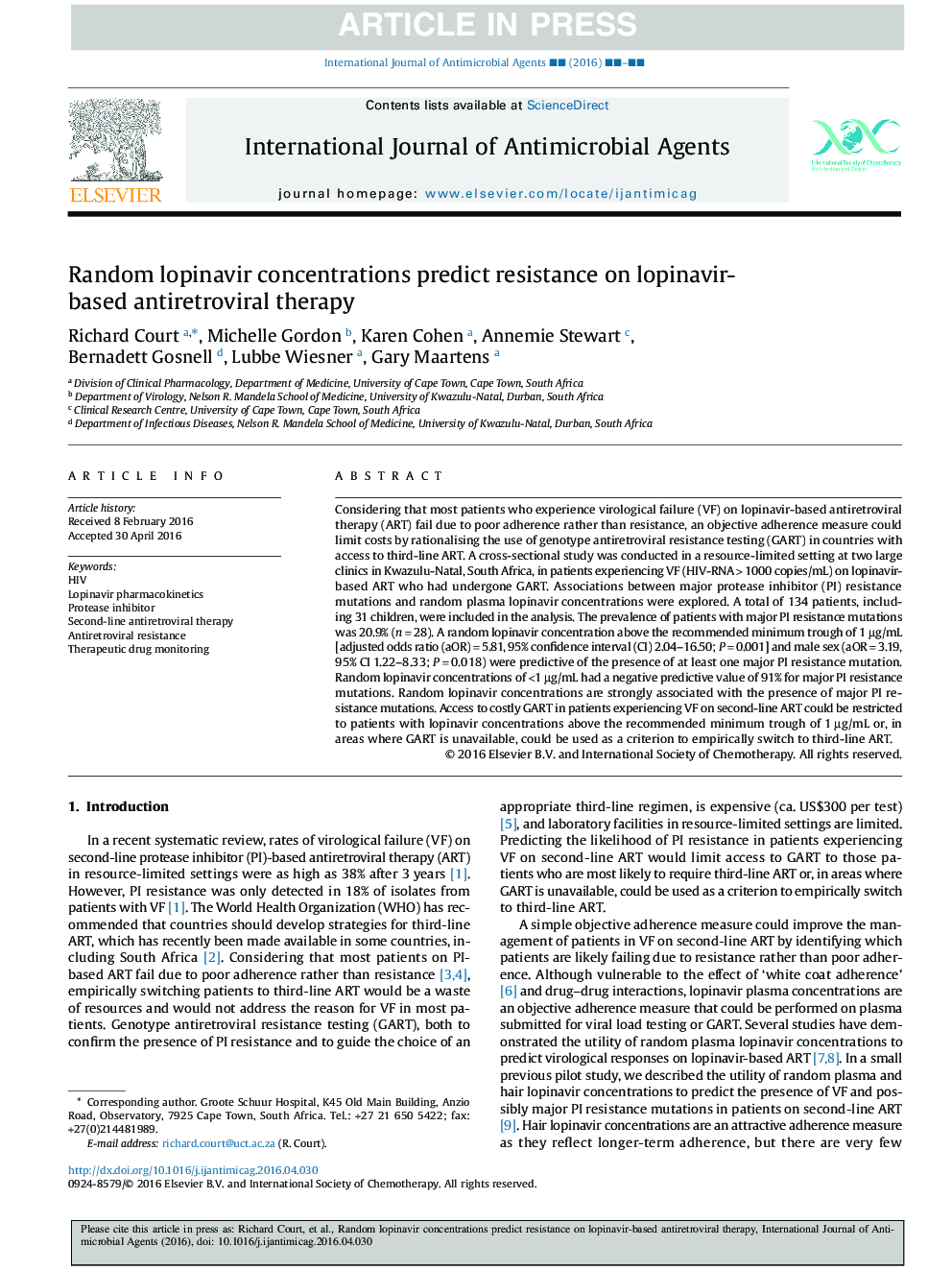 Random lopinavir concentrations predict resistance on lopinavir-based antiretroviral therapy