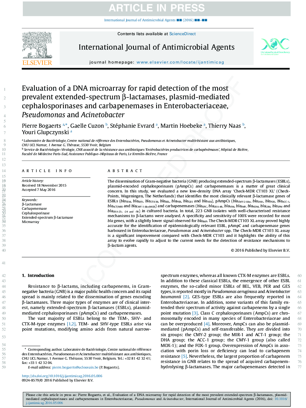 Evaluation of a DNA microarray for rapid detection of the most prevalent extended-spectrum Î²-lactamases, plasmid-mediated cephalosporinases and carbapenemases in Enterobacteriaceae, Pseudomonas and Acinetobacter