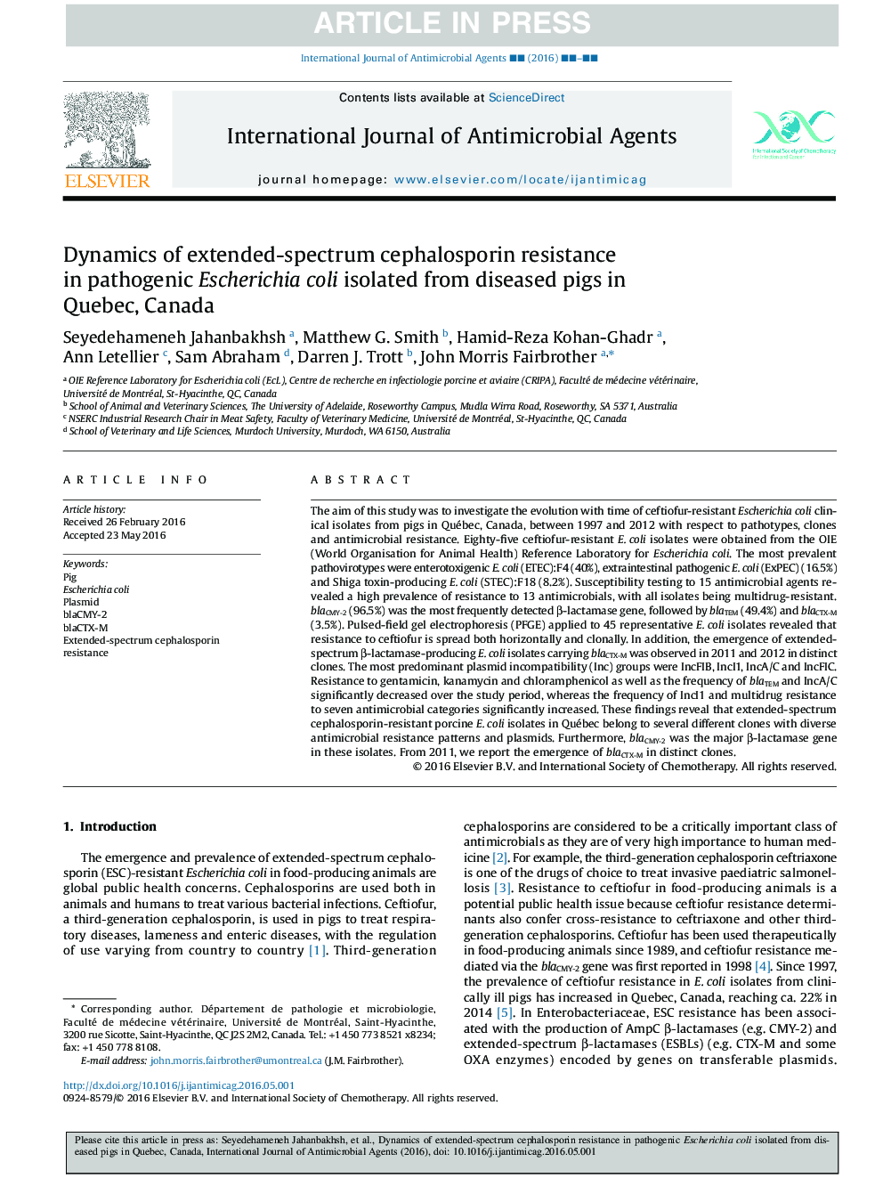 دینامیک مقاومت به سفالوسپورین طیف گسترده ای در اشرشیاکلی پاتوژن جدا شده از خوک های بیمارستانی در کبک، کانادا 