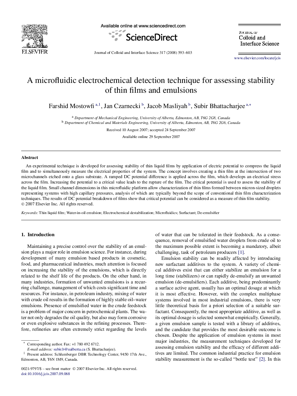 A microfluidic electrochemical detection technique for assessing stability of thin films and emulsions