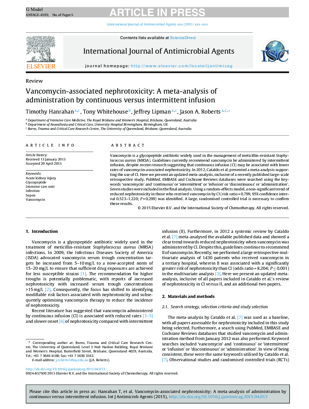 Vancomycin-associated nephrotoxicity: A meta-analysis of administration by continuous versus intermittent infusion