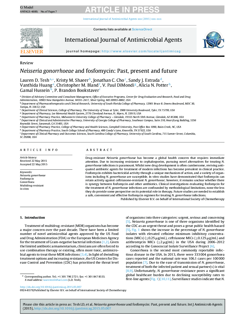 Neisseria gonorrhoeae and fosfomycin: Past, present and future