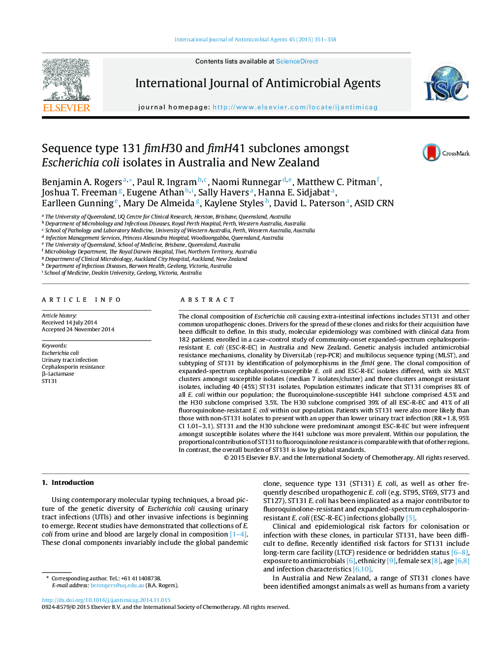 Sequence type 131 fimH30 and fimH41 subclones amongst Escherichia coli isolates in Australia and New Zealand