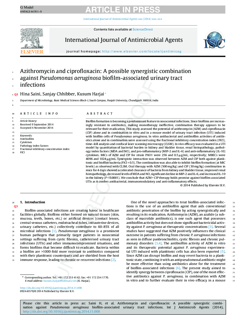 Azithromycin and ciprofloxacin: A possible synergistic combination against Pseudomonas aeruginosa biofilm-associated urinary tract infections