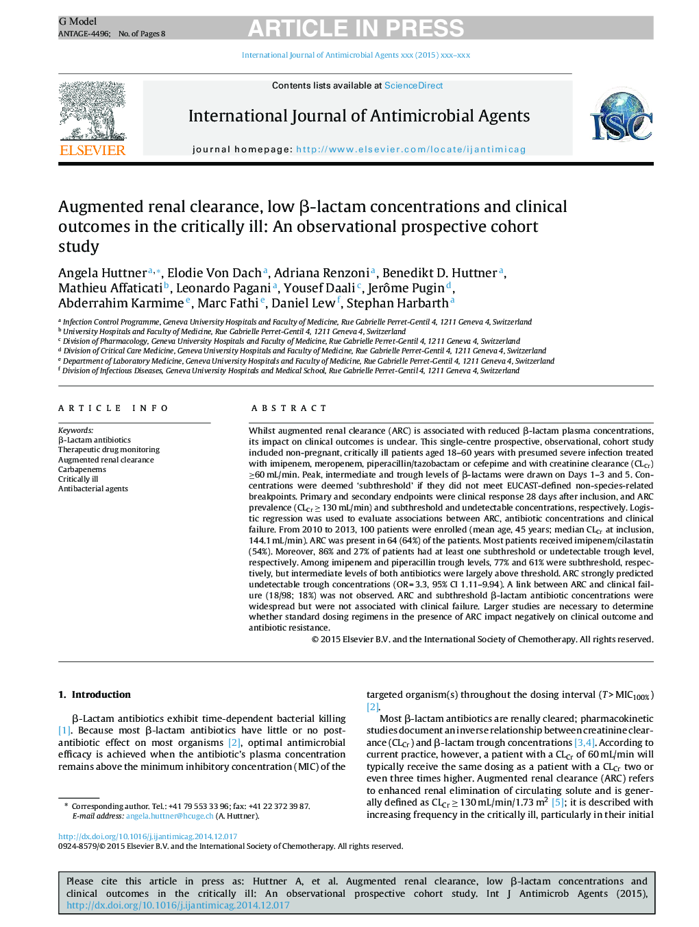 Augmented renal clearance, low Î²-lactam concentrations and clinical outcomes in the critically ill: An observational prospective cohort study