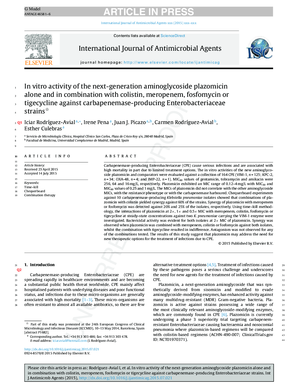 In vitro activity of the next-generation aminoglycoside plazomicin alone and in combination with colistin, meropenem, fosfomycin or tigecycline against carbapenemase-producing Enterobacteriaceae strains