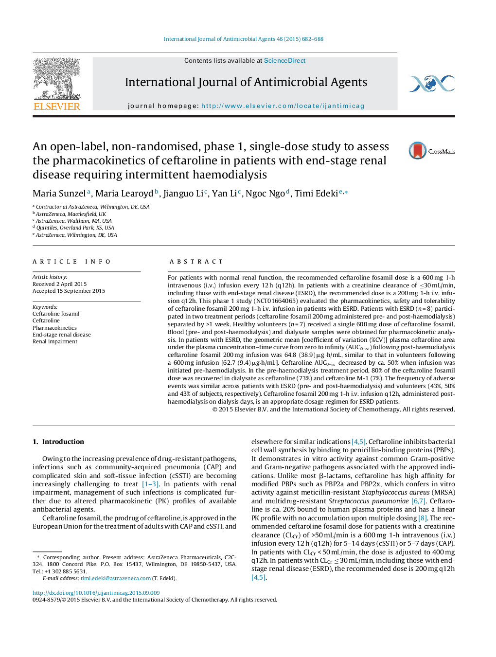 An open-label, non-randomised, phase 1, single-dose study to assess the pharmacokinetics of ceftaroline in patients with end-stage renal disease requiring intermittent haemodialysis