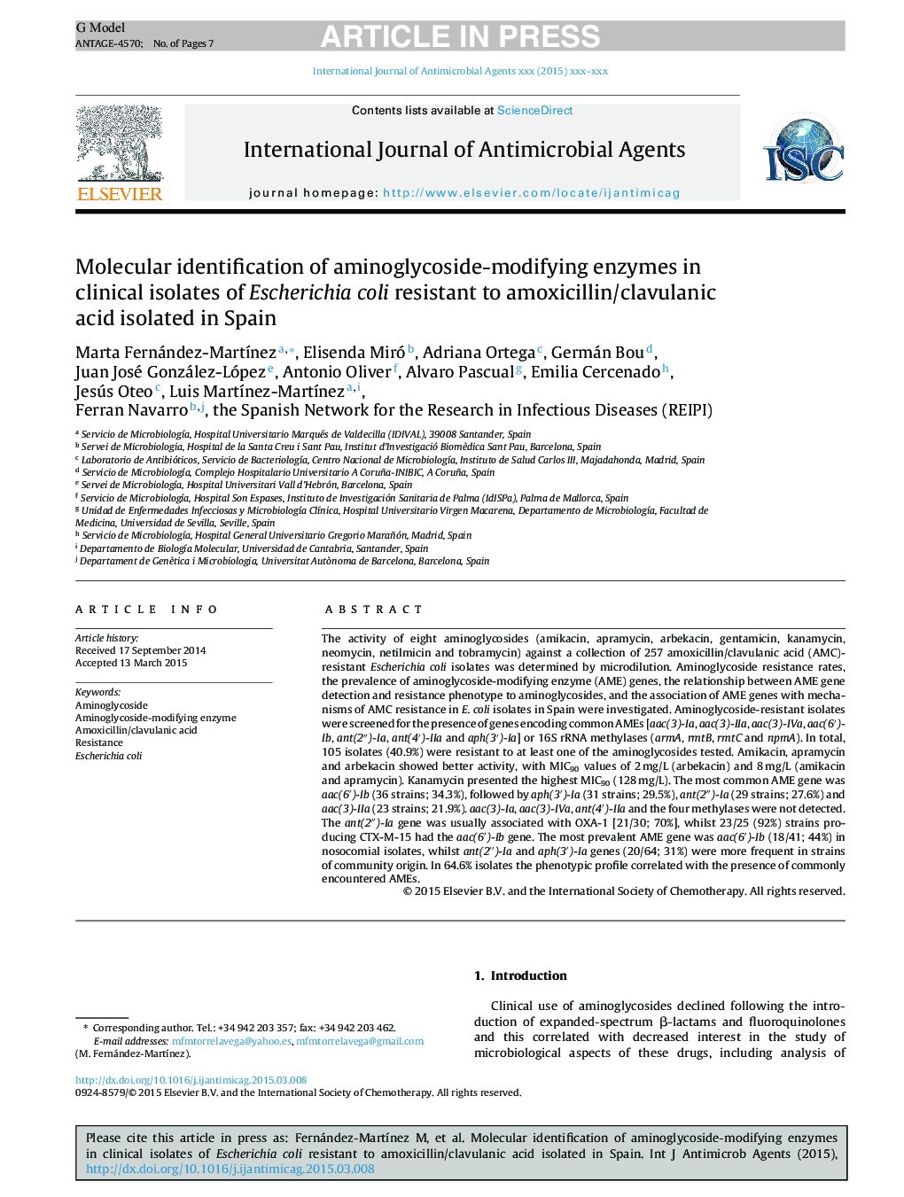 Molecular identification of aminoglycoside-modifying enzymes in clinical isolates of Escherichia coli resistant to amoxicillin/clavulanic acid isolated in Spain