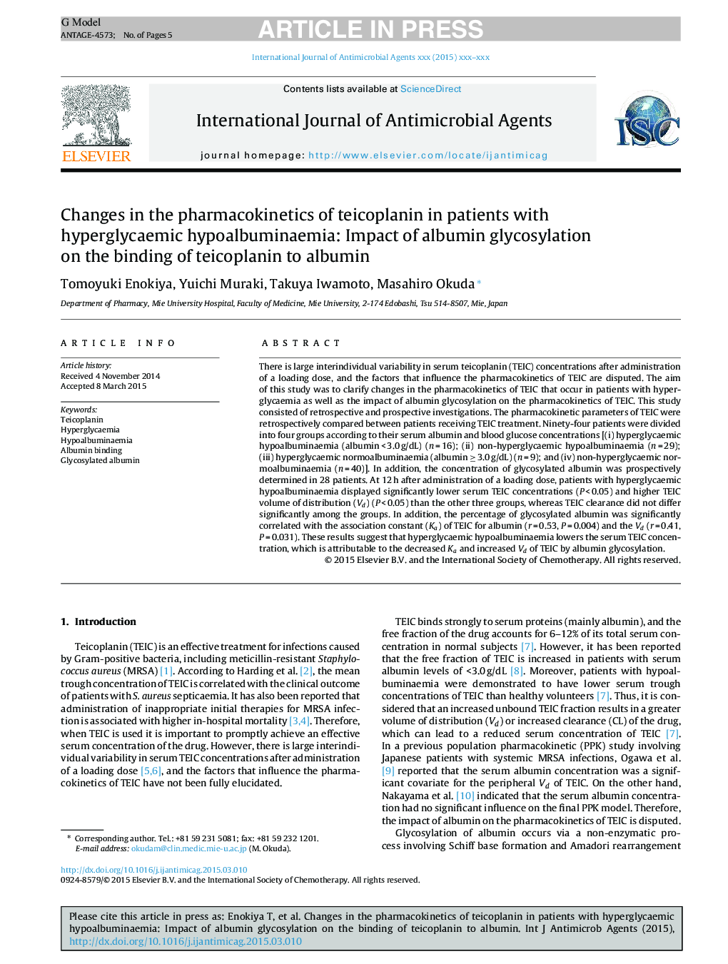 Changes in the pharmacokinetics of teicoplanin in patients with hyperglycaemic hypoalbuminaemia: Impact of albumin glycosylation on the binding of teicoplanin to albumin