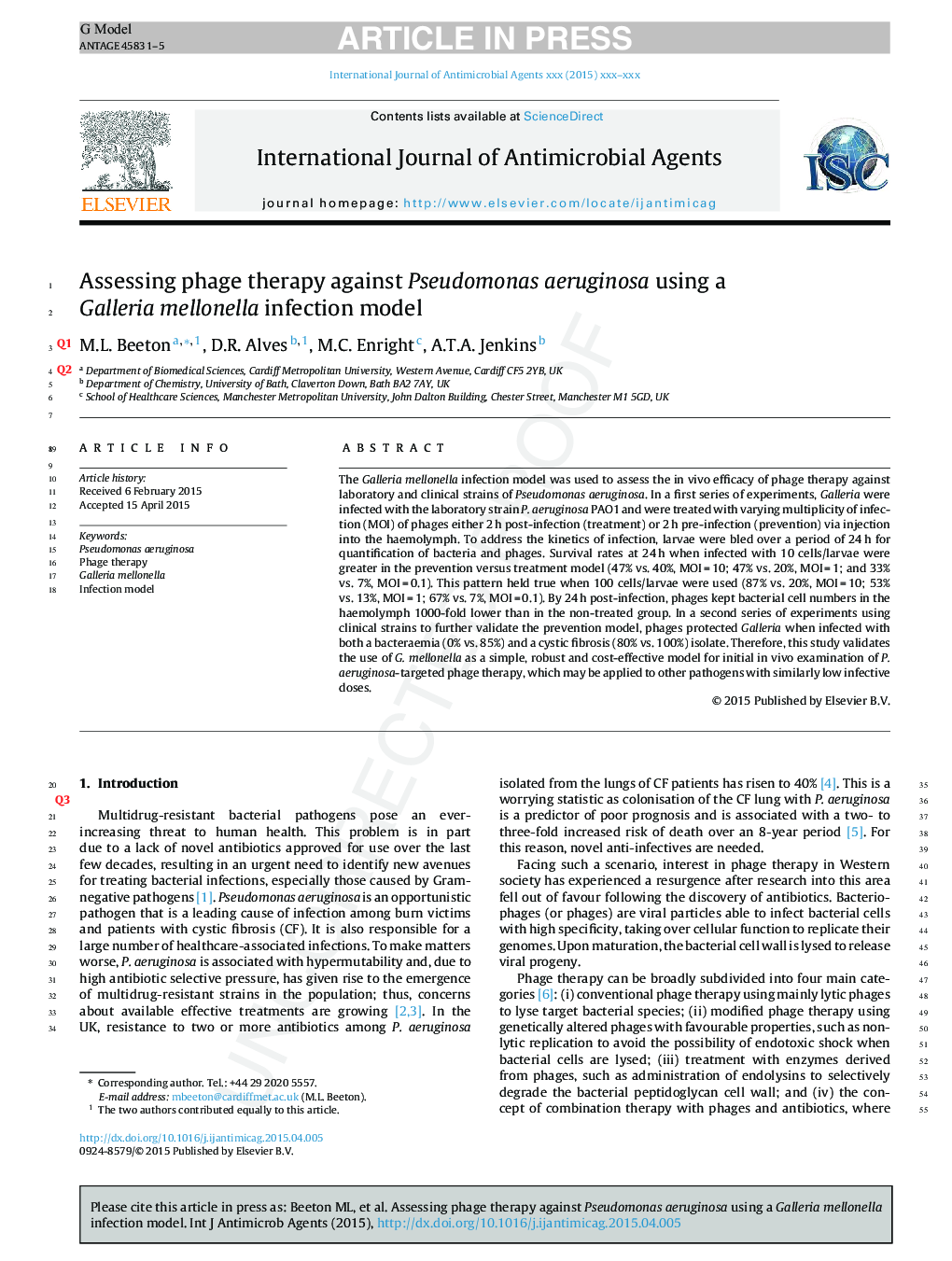 Assessing phage therapy against Pseudomonas aeruginosa using a Galleria mellonella infection model