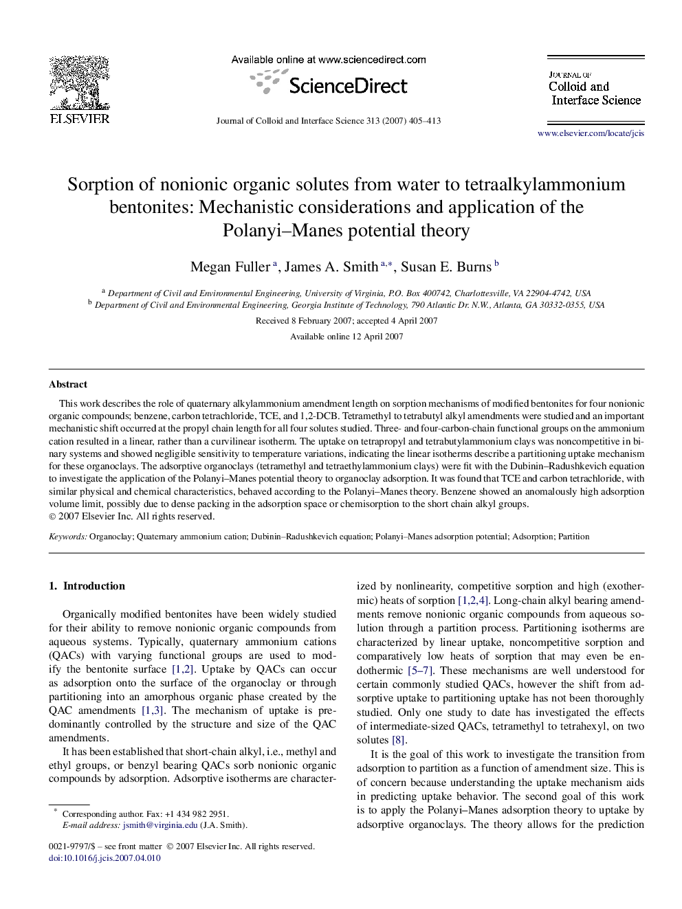 Sorption of nonionic organic solutes from water to tetraalkylammonium bentonites: Mechanistic considerations and application of the Polanyi–Manes potential theory