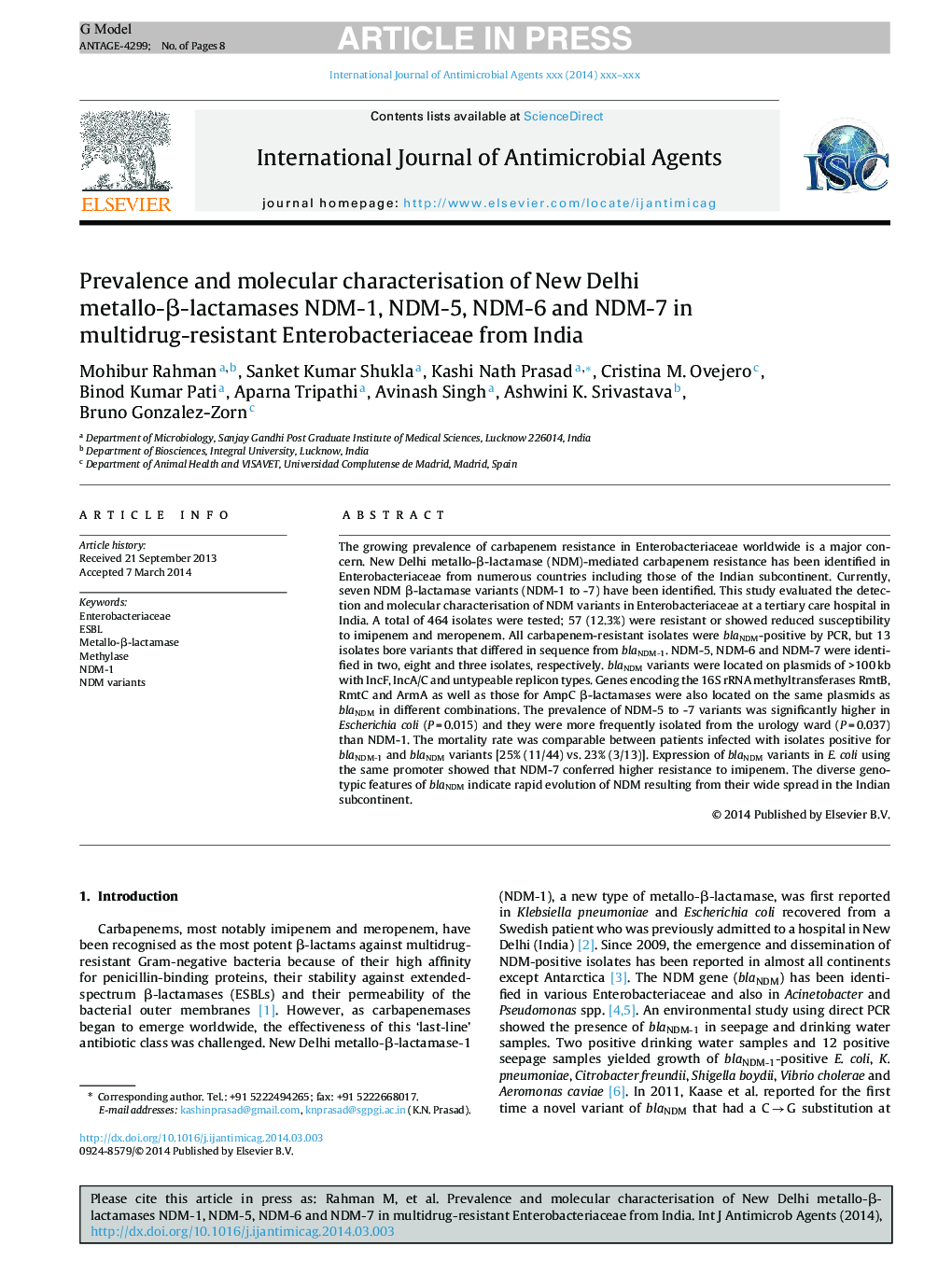 Prevalence and molecular characterisation of New Delhi metallo-Î²-lactamases NDM-1, NDM-5, NDM-6 and NDM-7 in multidrug-resistant Enterobacteriaceae from India