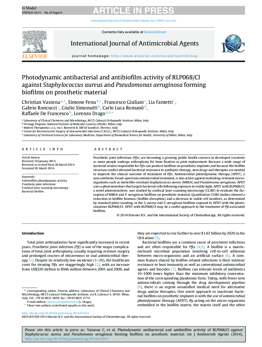 Photodynamic antibacterial and antibiofilm activity of RLP068/Cl against Staphylococcus aureus and Pseudomonas aeruginosa forming biofilms on prosthetic material