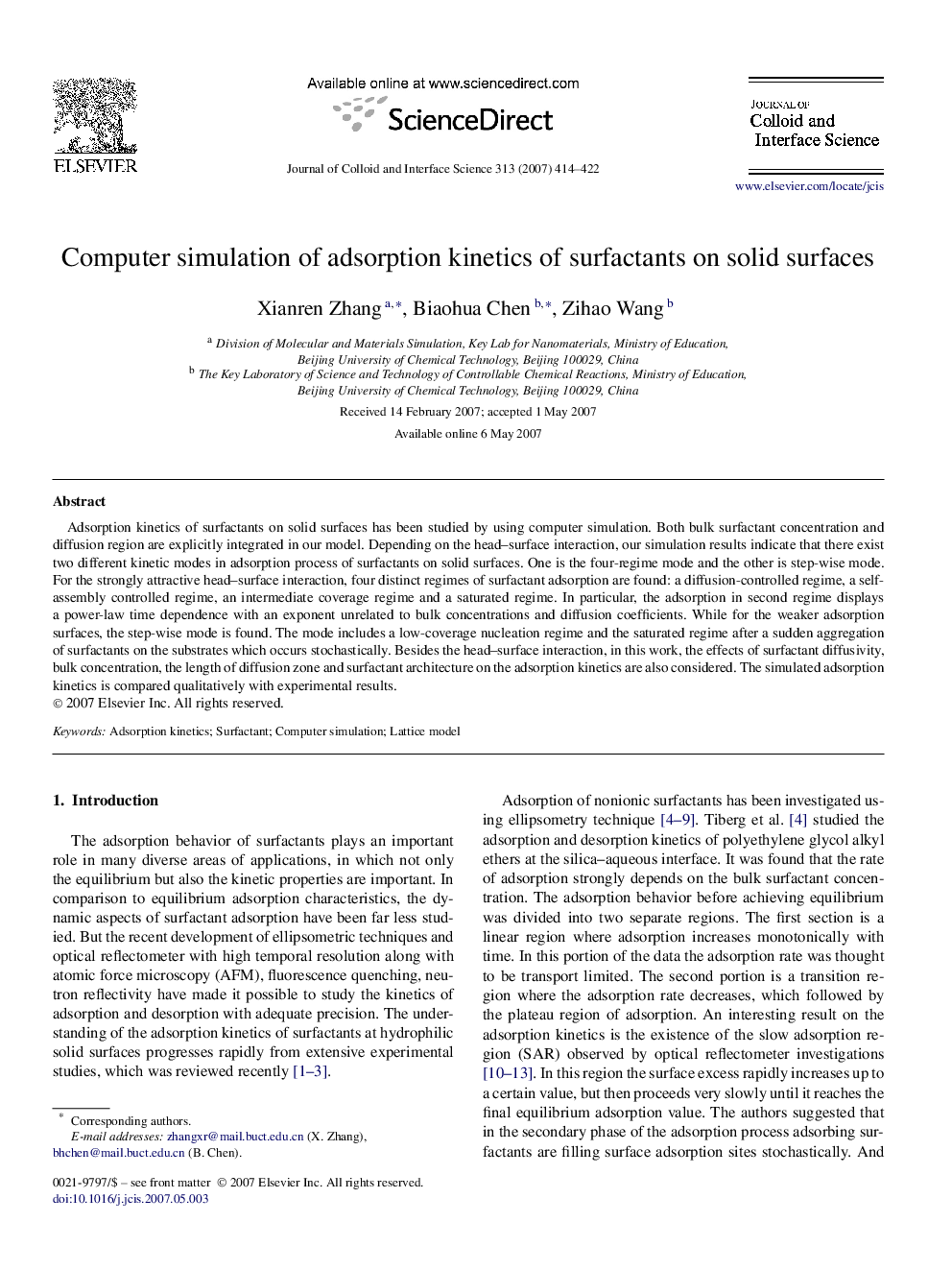 Computer simulation of adsorption kinetics of surfactants on solid surfaces