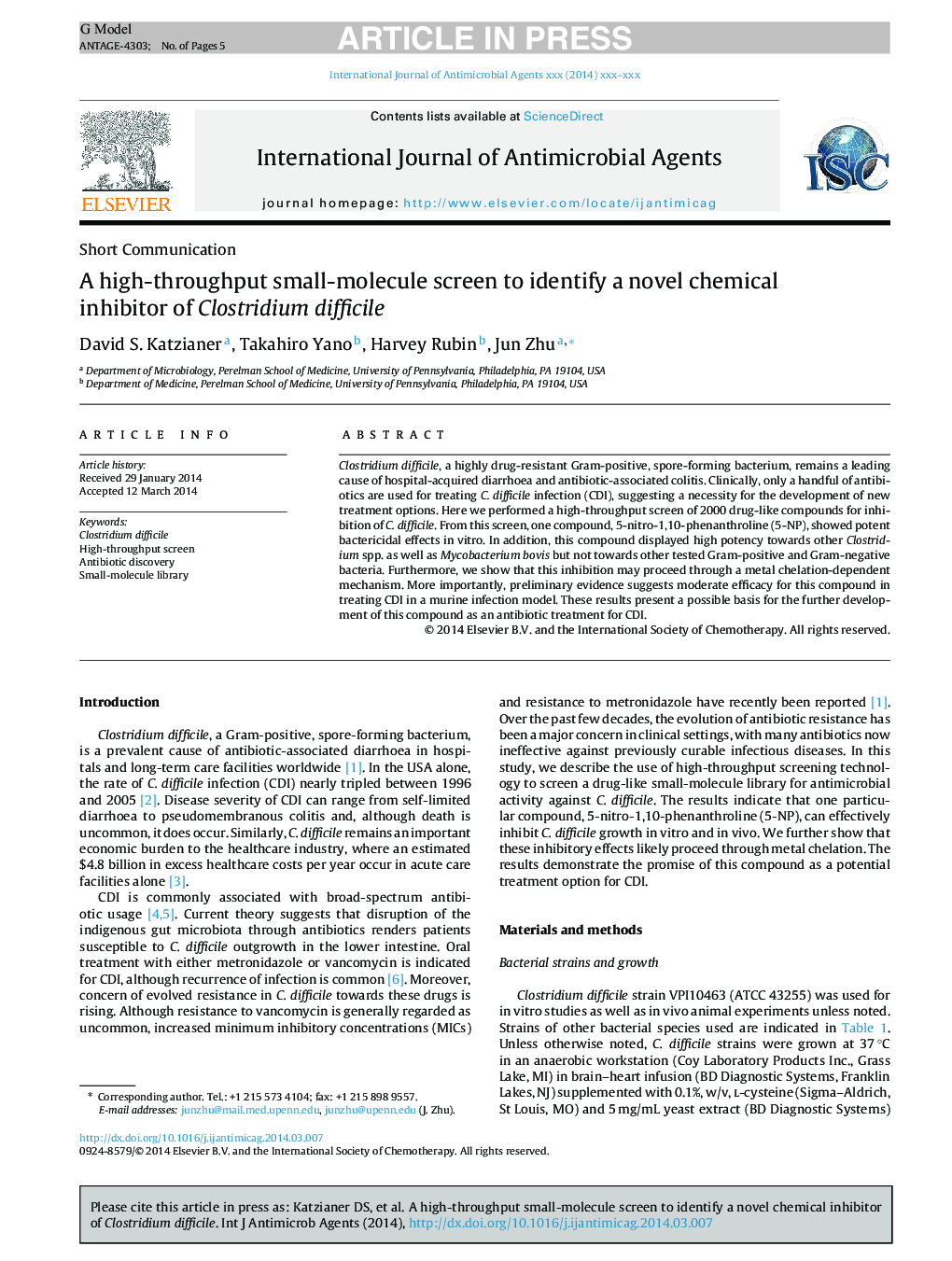 A high-throughput small-molecule screen to identify a novel chemical inhibitor of Clostridium difficile