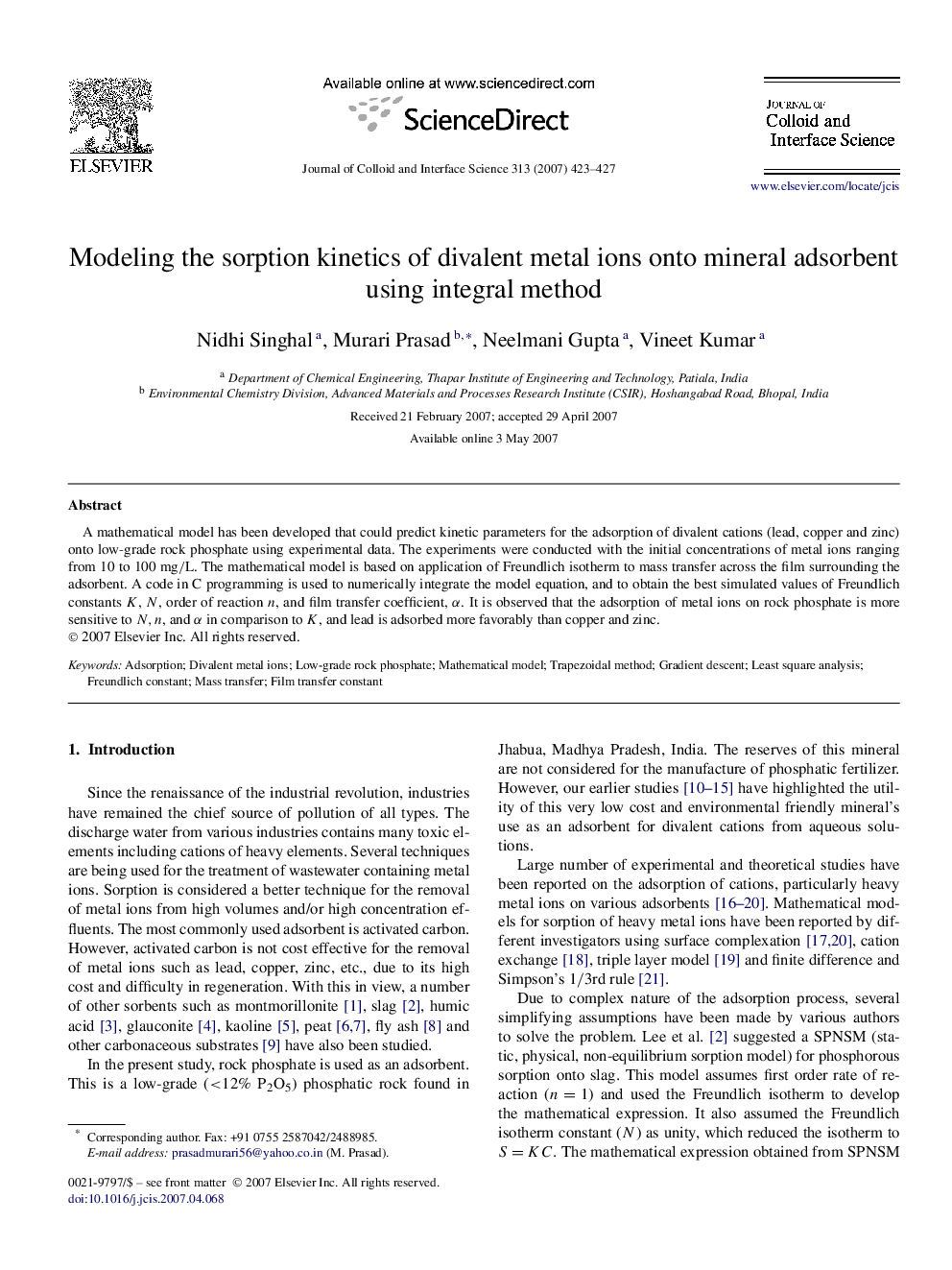 Modeling the sorption kinetics of divalent metal ions onto mineral adsorbent using integral method