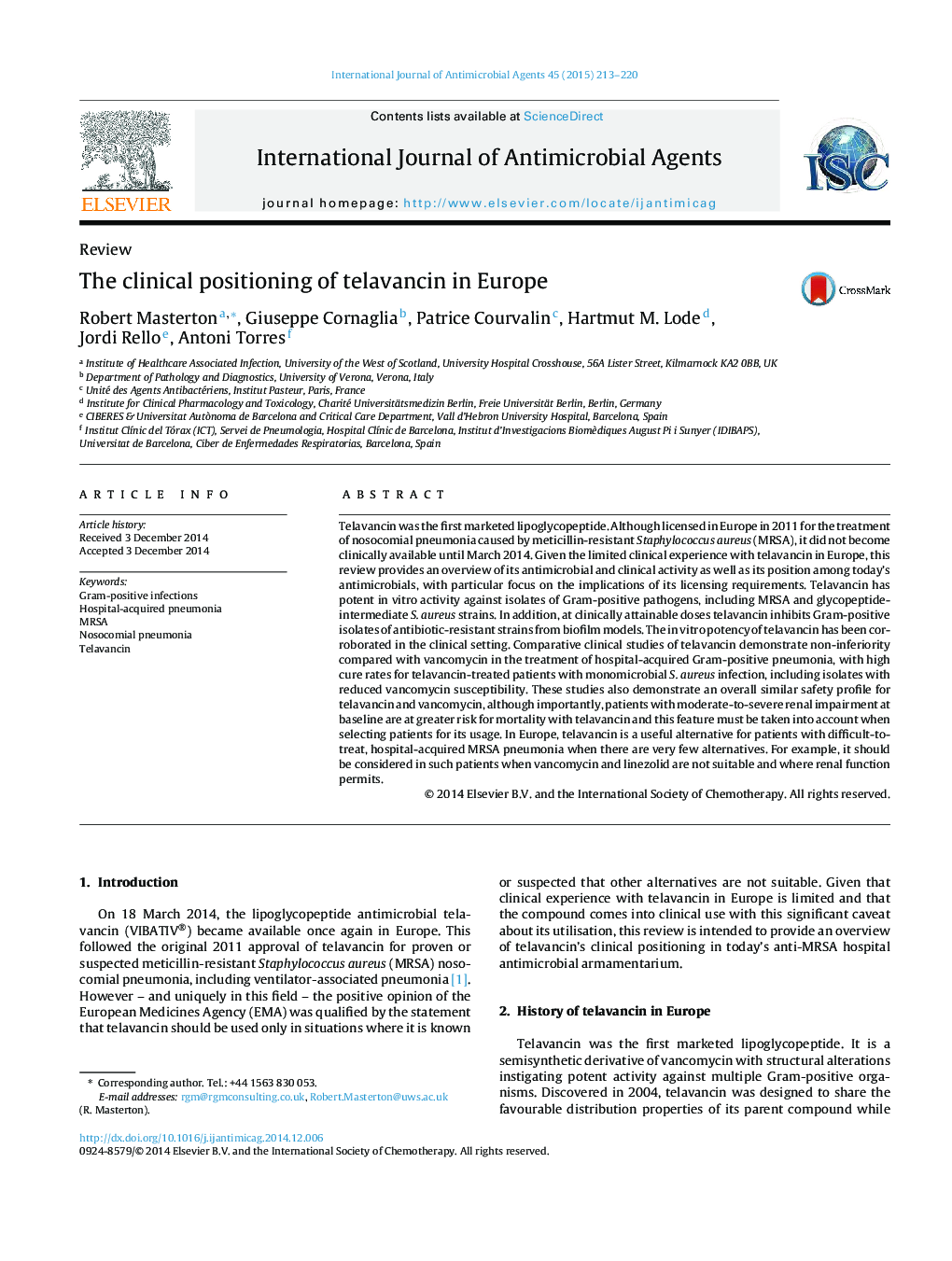 The clinical positioning of telavancin in Europe