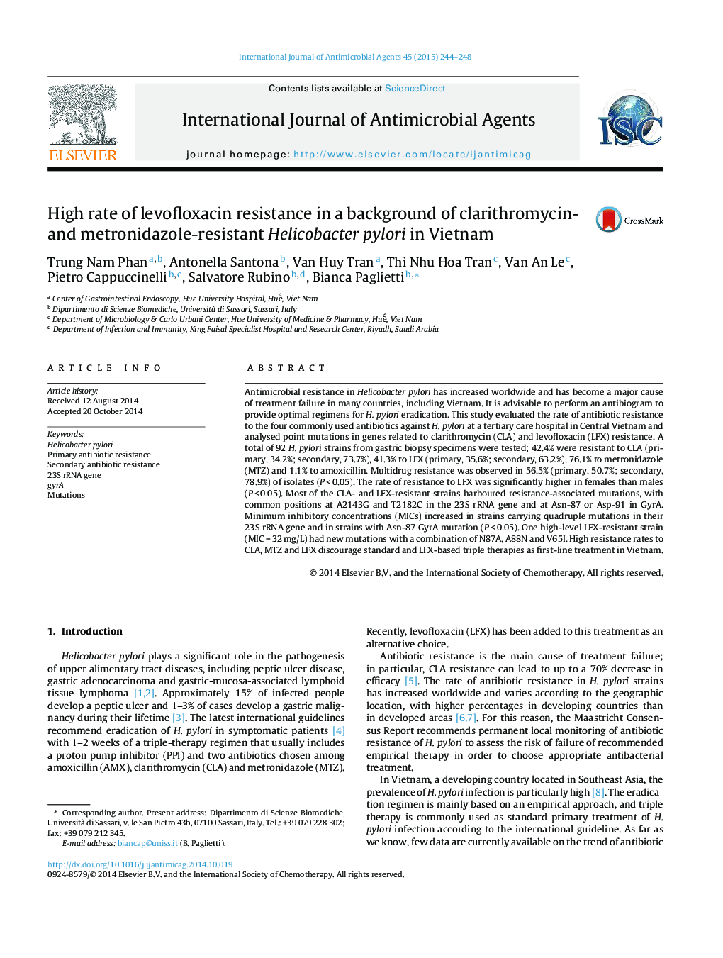 High rate of levofloxacin resistance in a background of clarithromycin- and metronidazole-resistant Helicobacter pylori in Vietnam