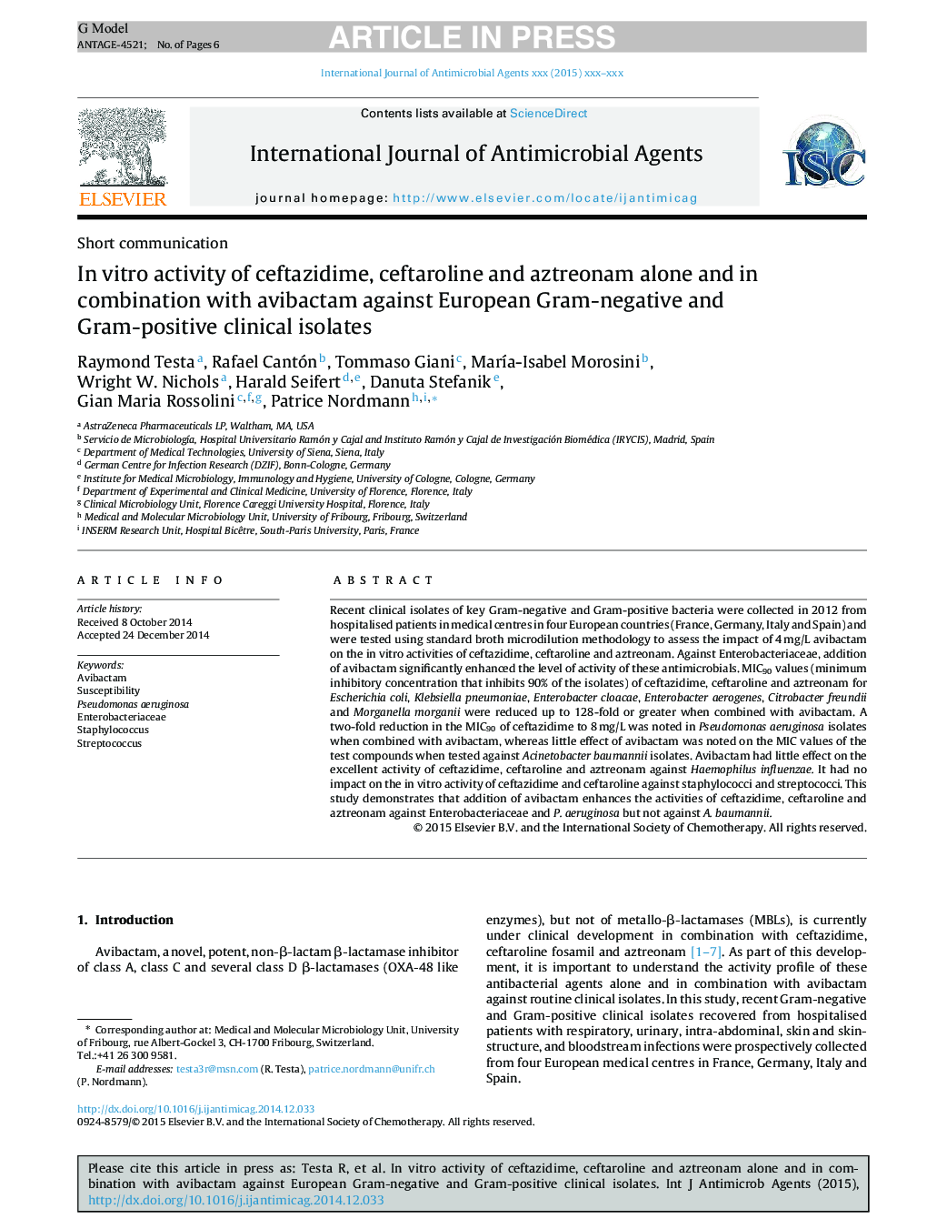 In vitro activity of ceftazidime, ceftaroline and aztreonam alone and in combination with avibactam against European Gram-negative and Gram-positive clinical isolates