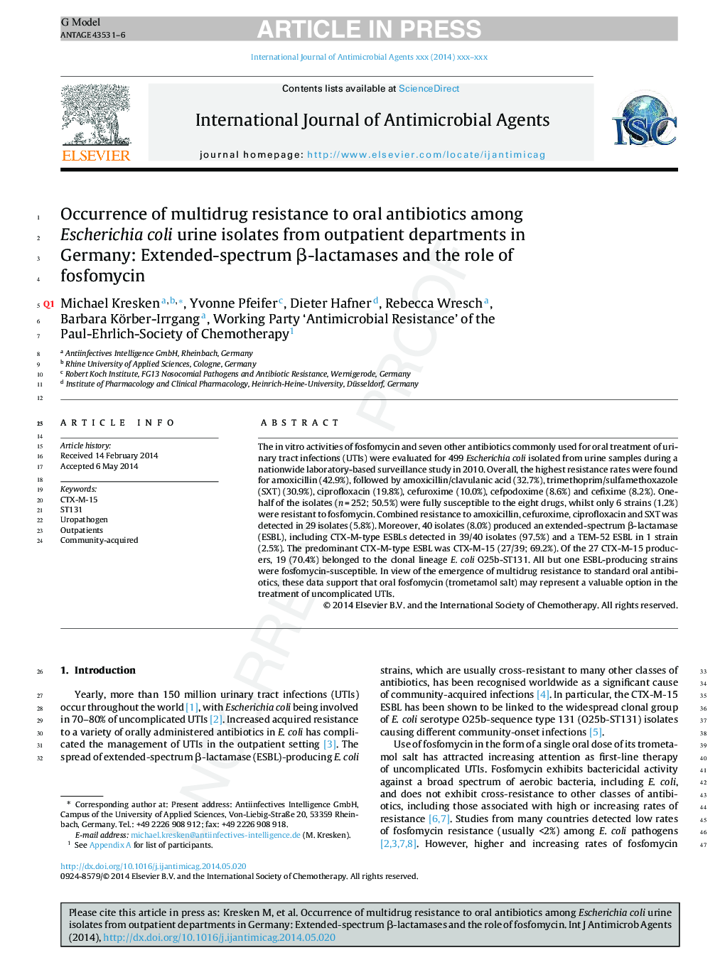 Occurrence of multidrug resistance to oral antibiotics among Escherichia coli urine isolates from outpatient departments in Germany: Extended-spectrum Î²-lactamases and the role of fosfomycin