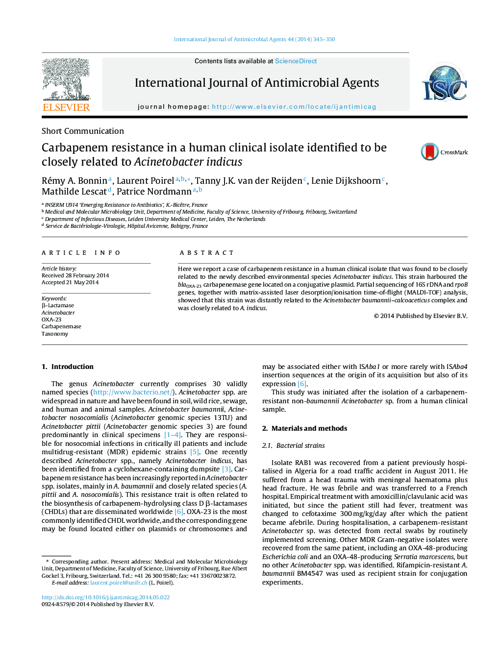 Carbapenem resistance in a human clinical isolate identified to be closely related to Acinetobacter indicus