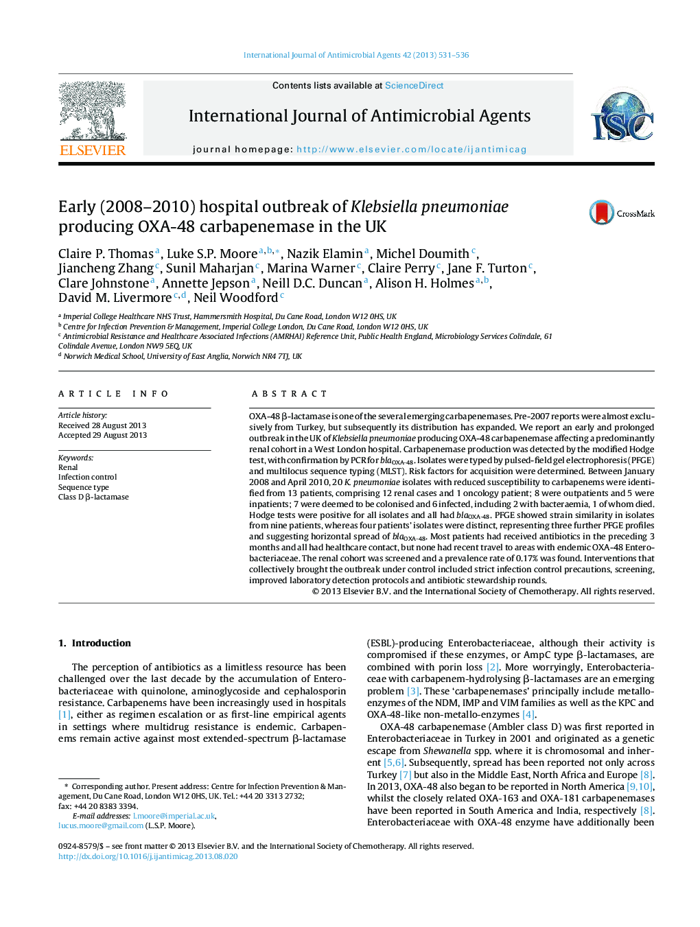 Early (2008-2010) hospital outbreak of Klebsiella pneumoniae producing OXA-48 carbapenemase in the UK